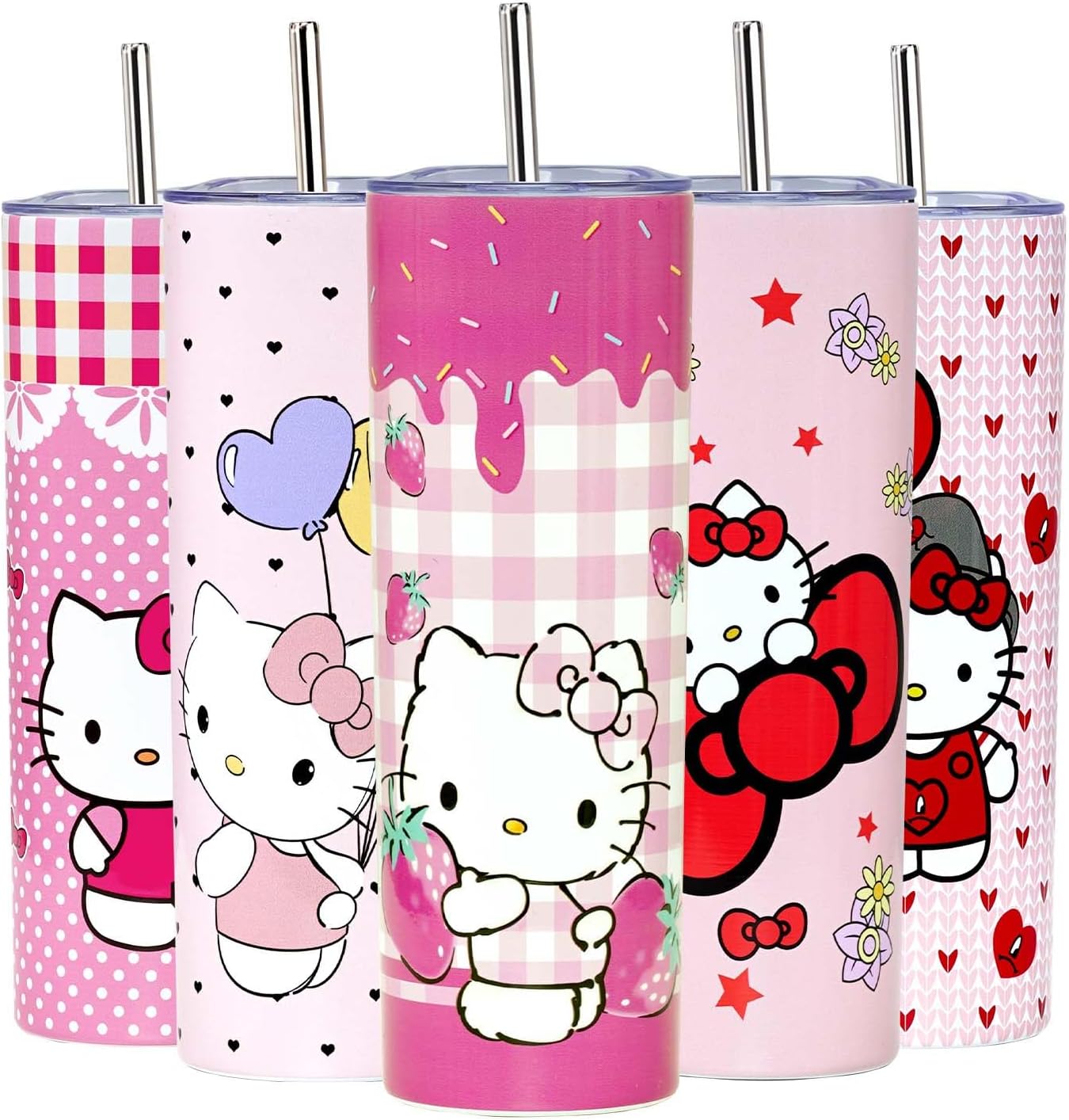 Cute Kity Tumbler for Adults Kity Gifts for Women, Cartoon Kity Strawberry Skinny Tumbler 20 Oz Reusable with Lid and Straw Stainless Steel Insulated Pink Travel Coffee Mug Cup, Cute Kity-Themed Merch
