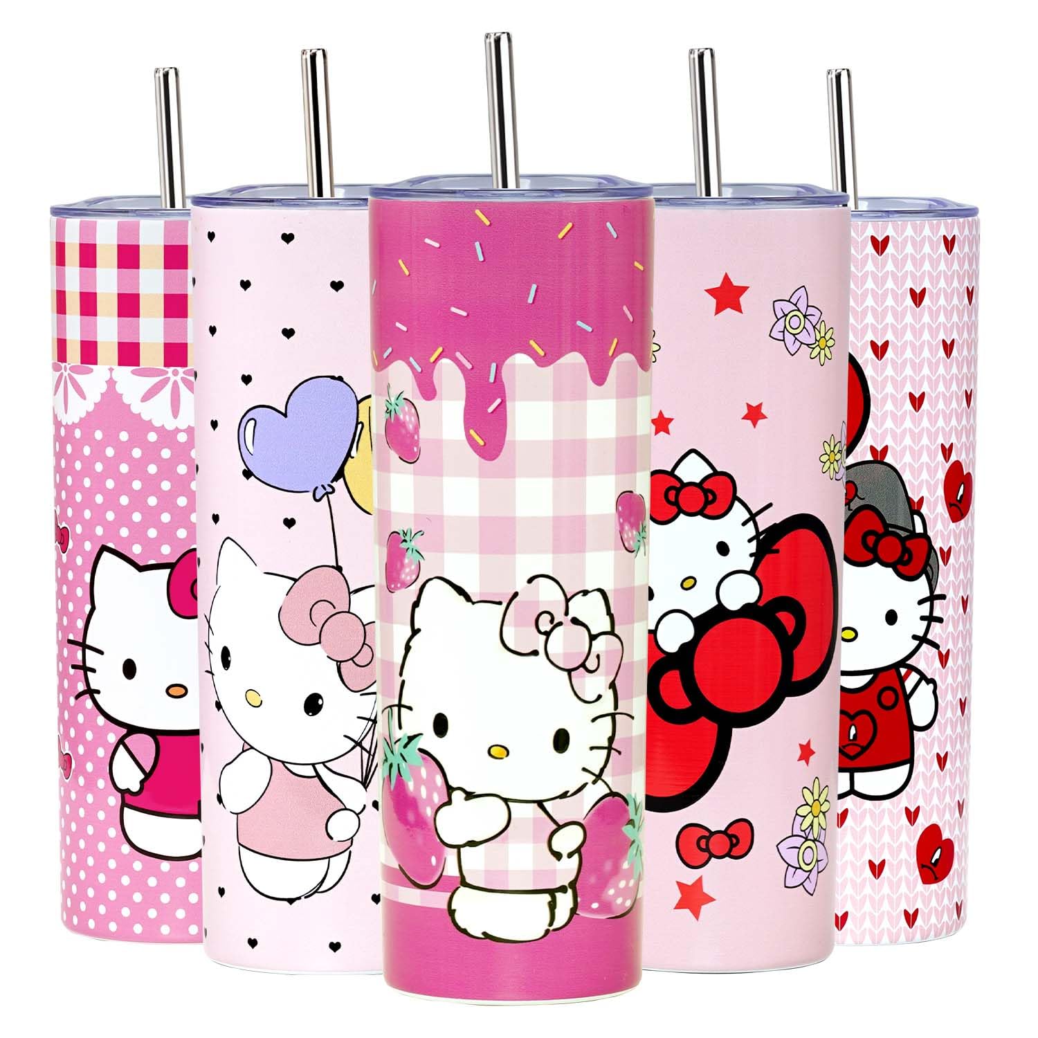 Cute Kity Tumbler for Adults Kity Gifts for Women, Cartoon Kity Strawberry Skinny Tumbler 20 Oz Reusable with Lid and Straw Stainless Steel Insulated Pink Travel Coffee Mug Cup, Cute Kity-Themed Merch