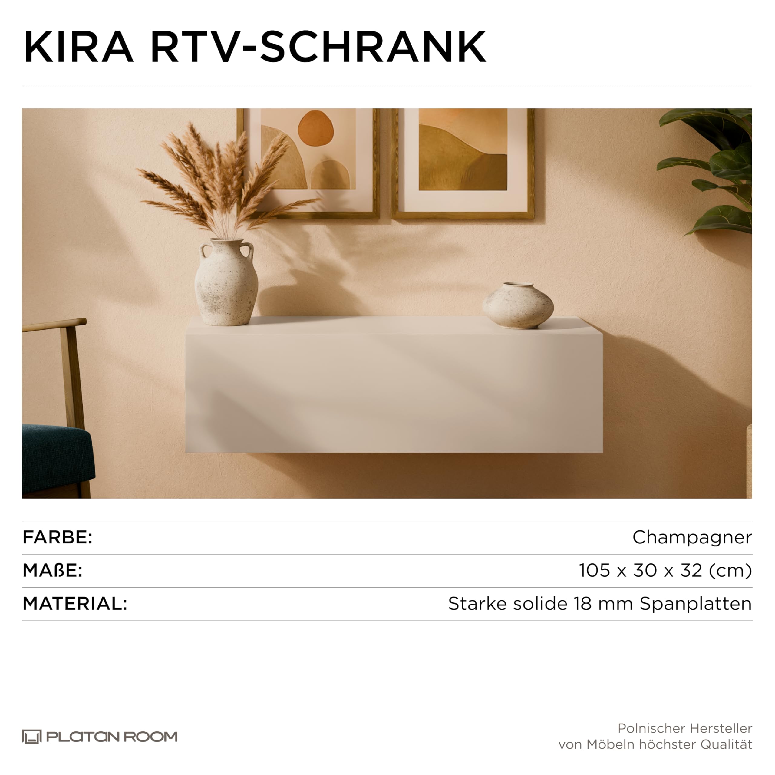 PLATAN ROOM Meuble TV 105/140/160/210/280 Blanc à suspendre ou debout brillant (champagne, 105 x 30 x 32)