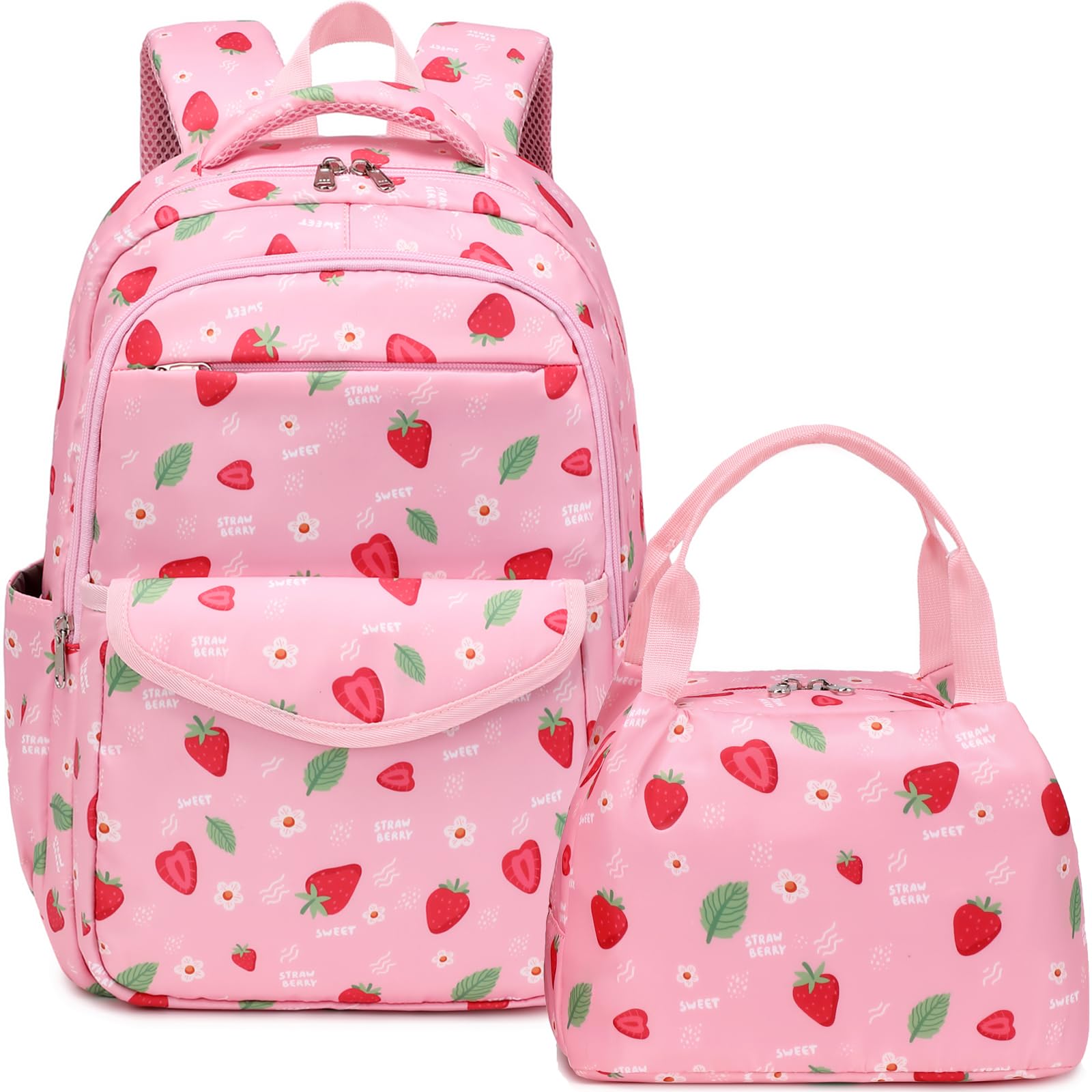 DSIUE Kids Backpack for Girls Elementary BookBags Teens Middle School Backpack with Lunch Box Strawberry Pink