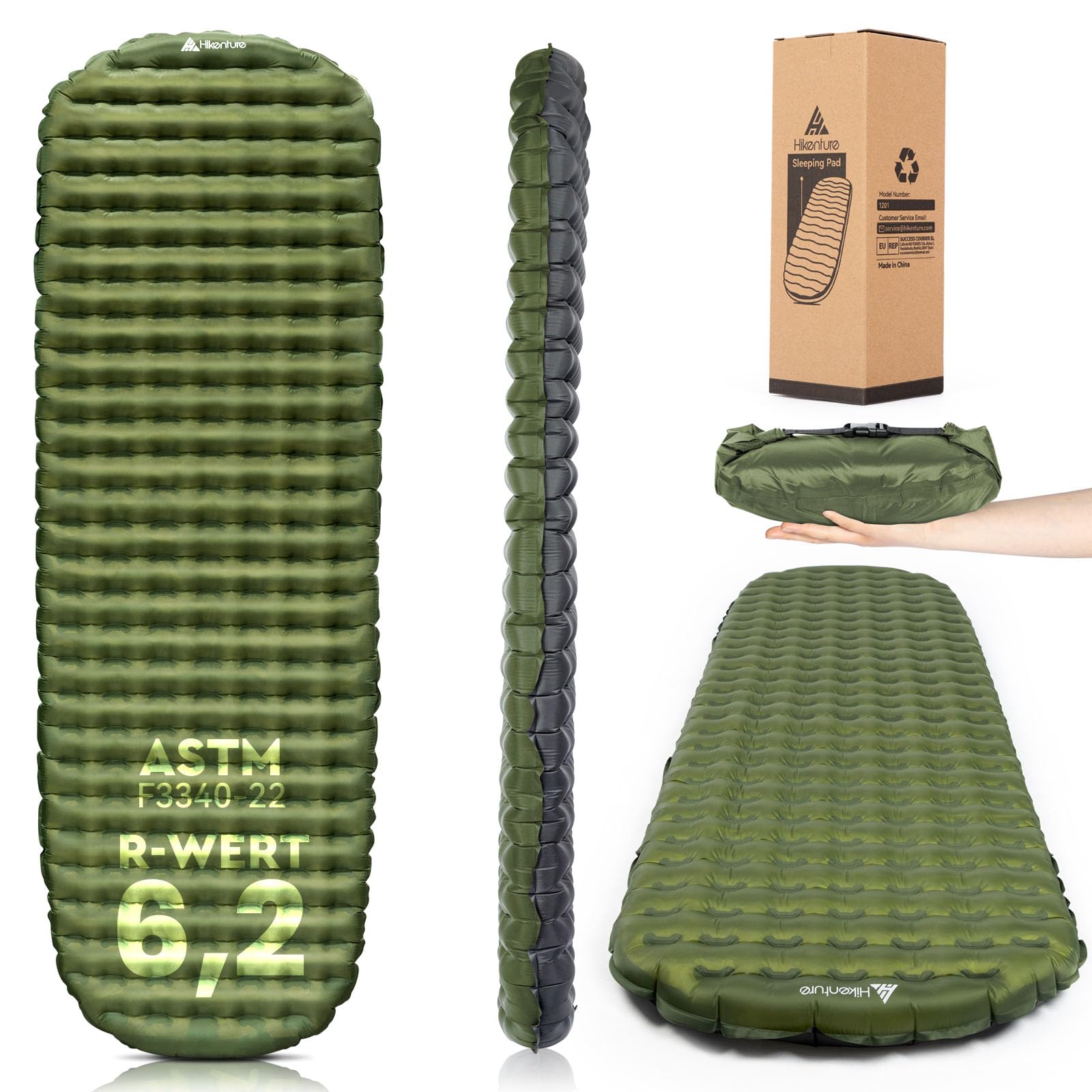 HIKENTURE Isomatte Camping R-Wert 6,2, 8CM Dicke Luftmatratze 198×64cm | Kleines Packmaß, Ultraleicht, mit Pumpsack, geeigent für 4 Jahreszeiten, Effektive Isolierung gegen Kälte Outdoor