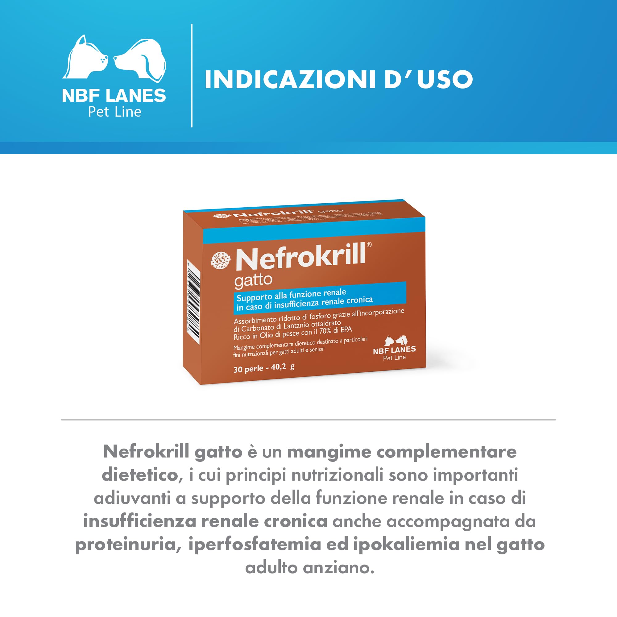 NBF Lanes | Nefrokrill Gatto, 30 Perle Softgel, Supporto alla Funzione Renale in Caso di Insufficienza Renale Cronica, per Gatti Adulti e Senior