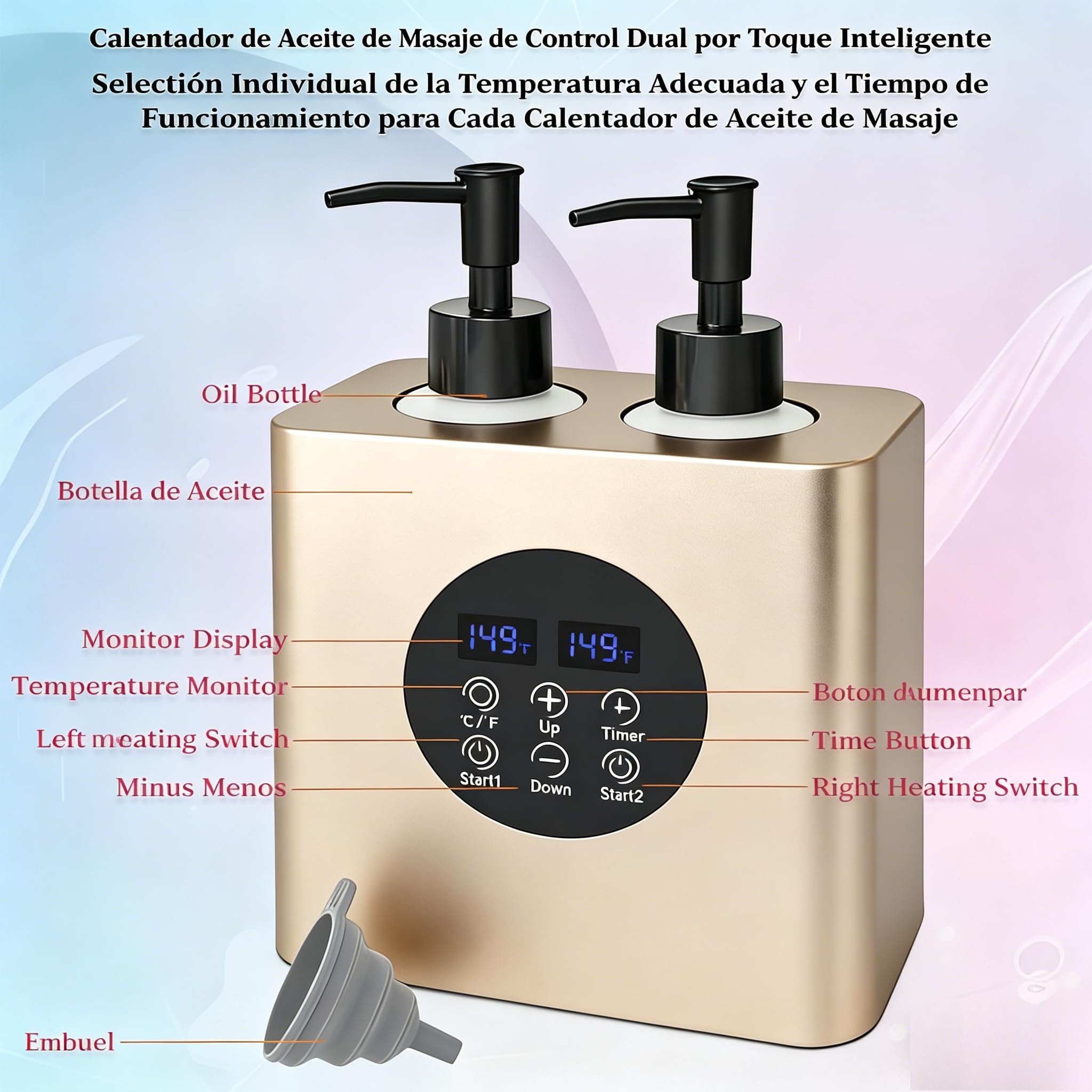Calentador Profesional de Aceite de Masaje Doble, Termo para Aceite con 4 Botellas, Temperatura Ajustable 30–65°C, Temporizador 0,5–24h