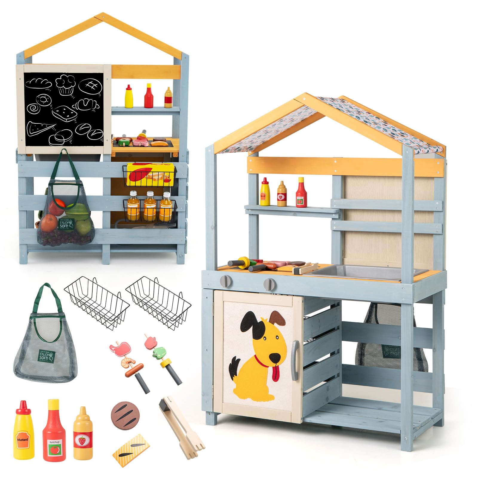 RELAX4LIFE 3 in 1 Cucina Giocattolo per Bambini in Legno, Set di Grill per Barbecue con Griglia, Forno e Lavagna, Gioco Negozio con 12 Accessori, 75 x 34 x 111 cm