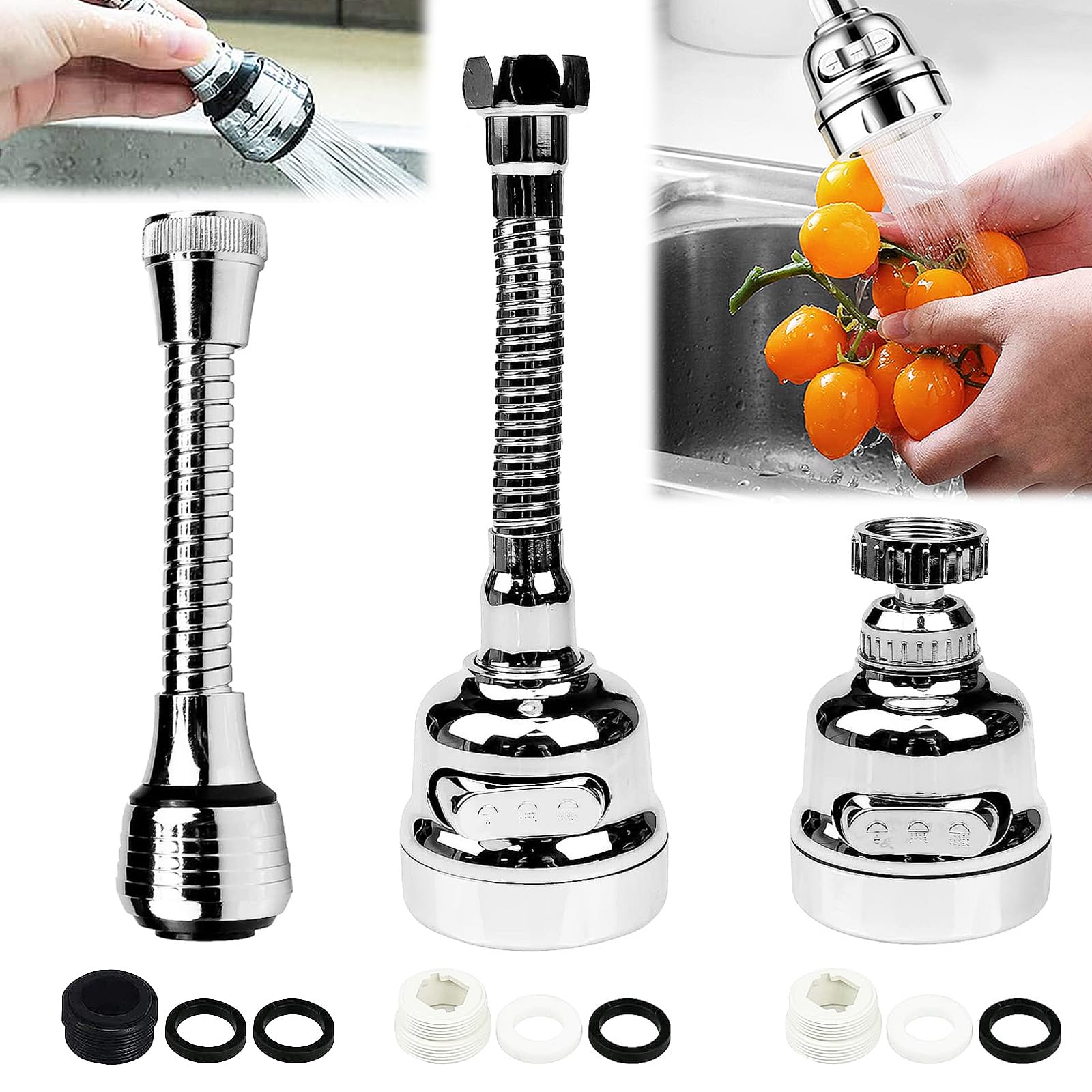 3 Piezas Aireador Giratorio de Grifo, Boquilla Grifo Universal Girar, 360 Grados Alargador Grifo Cocina, Aireador Grifo Cocina, Para Accesorios de Grifería de Cocina y Baño(Plata)