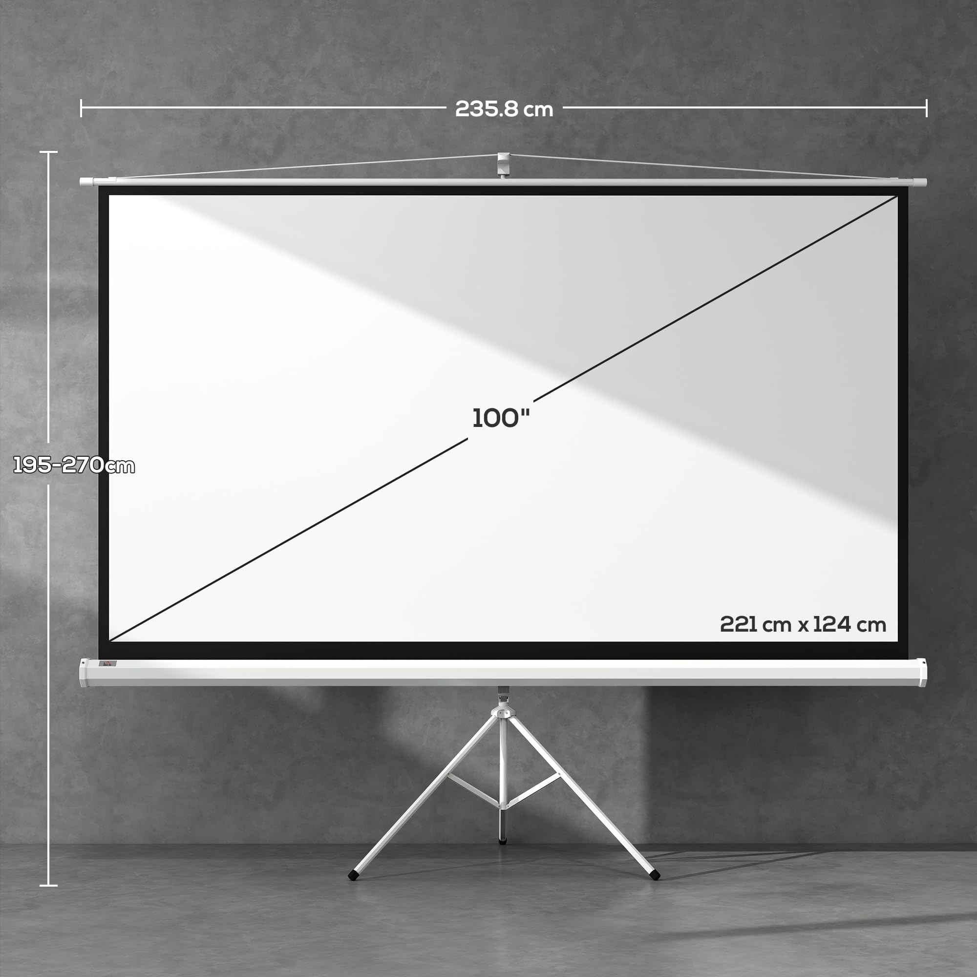 HOMCOM Telo Proiettore da 100 Pollici 4K HD Formato 16:9 con Treppiede Pieghevole e Altezza Regolabile, Schermo Proiettore Portatile, Grandangolo di 160 Gradi, per Casa, Home, Cinema, Esterno, Bianco