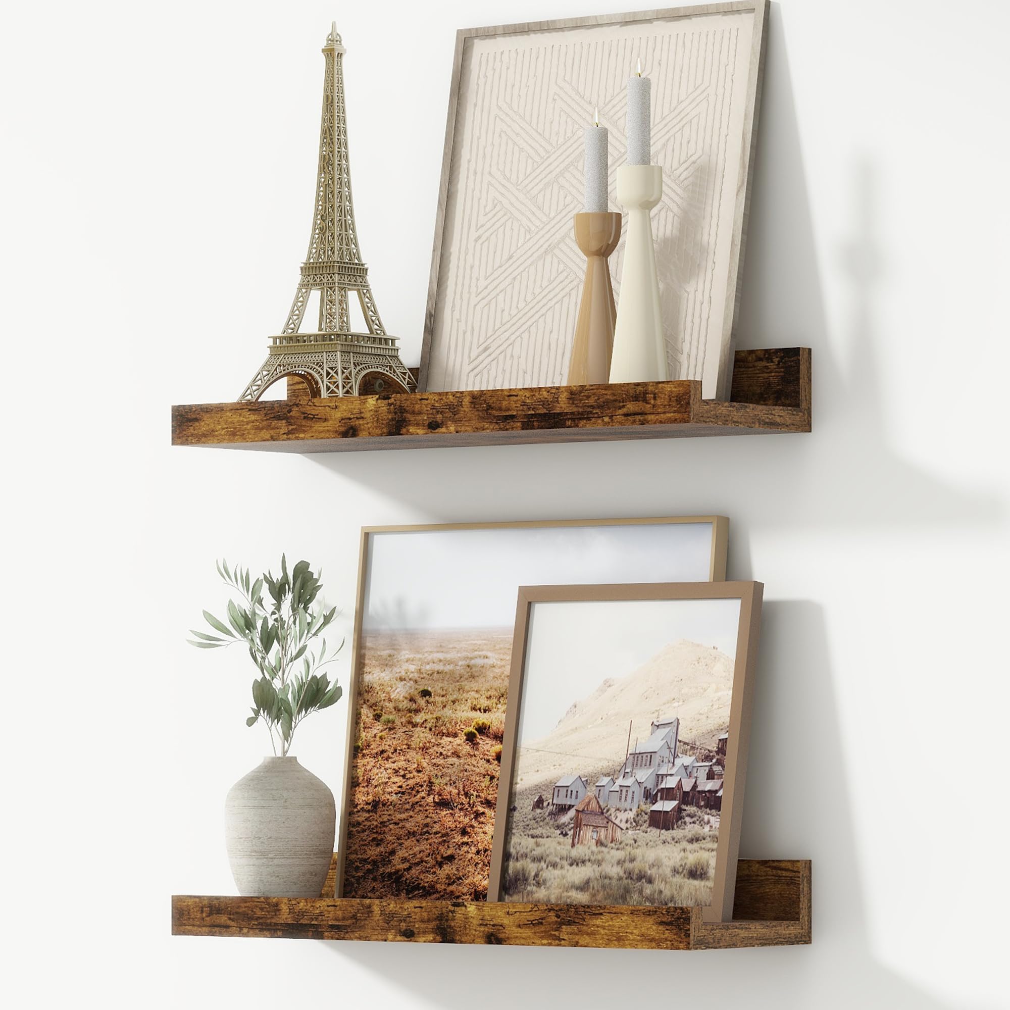 FLYJOE 40 cm Floating Shelves, Picture Ledge Shelf, Nursery Book Shelves for Toys Storage, Kids Bookshelf Wall Mounted for Living Room Bedroom Decor Books Photo Frames, Rustic Brown, Set of 2