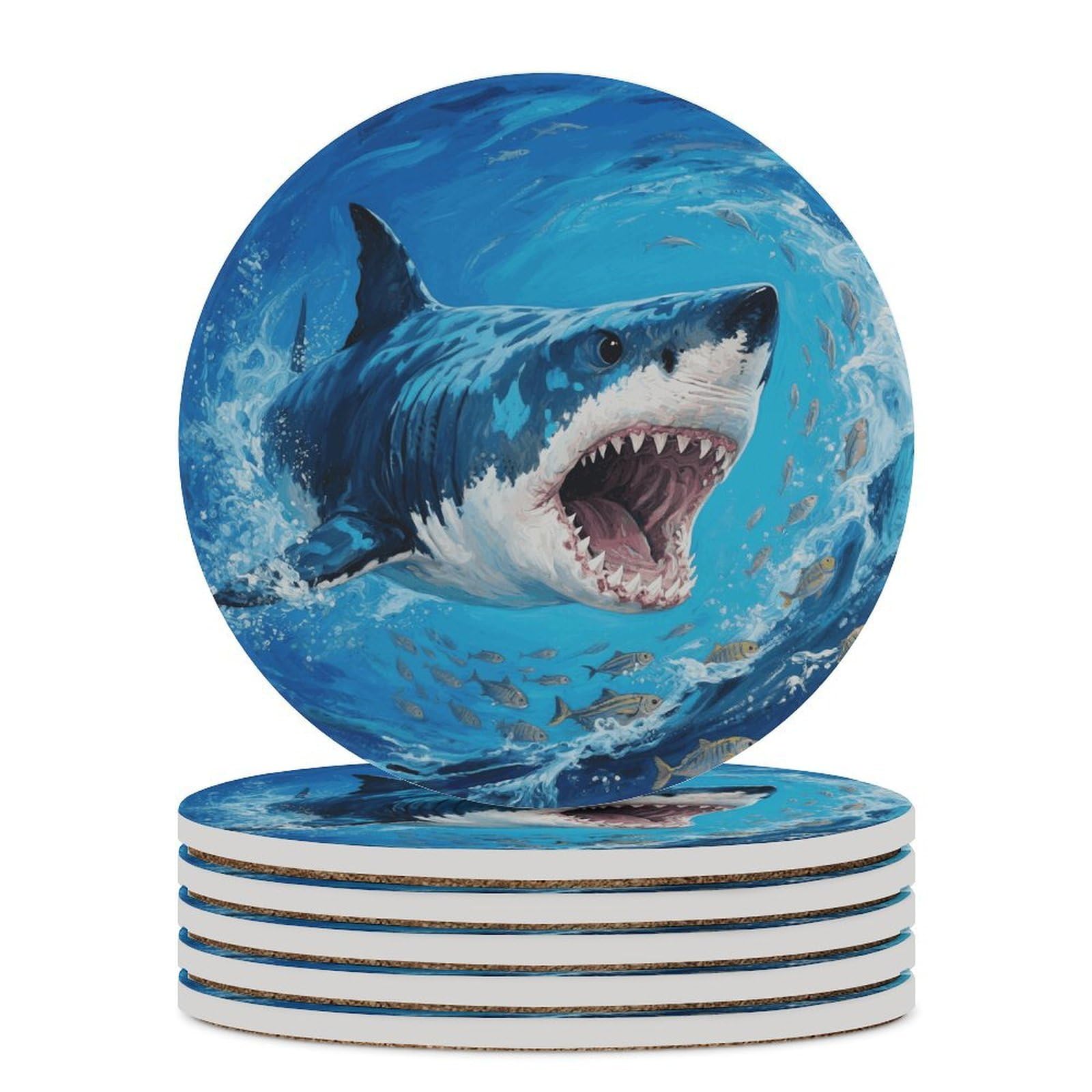 Fiercely Shark Coaster with Cork Base Drink Coasters for Coffee Table Decor Modern Cup Coasters with Non-Slip & Heat-Resistant Cute Ceramic Table Coaster for Home Dining