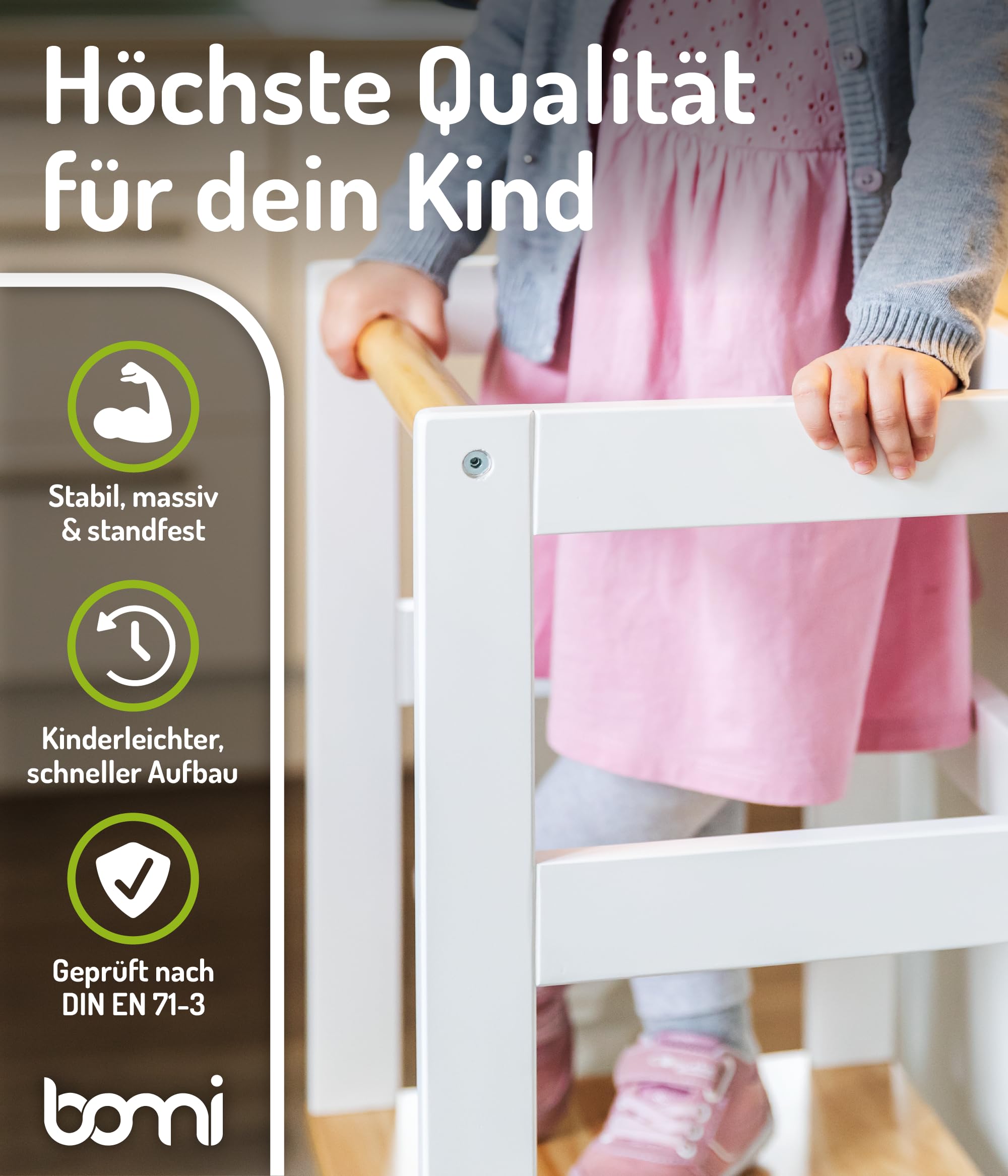 BOMI® Swubi Montessori Lernturm ab 1 Jahr | Sicherer Tritthocker Kinder 2 Stufen | Learning Tower für Kind & Baby aus Holz | Schemel, Lernstuhl als Stehhilfe, Tritthocker Holz, Kinderhocker Weiß Natur