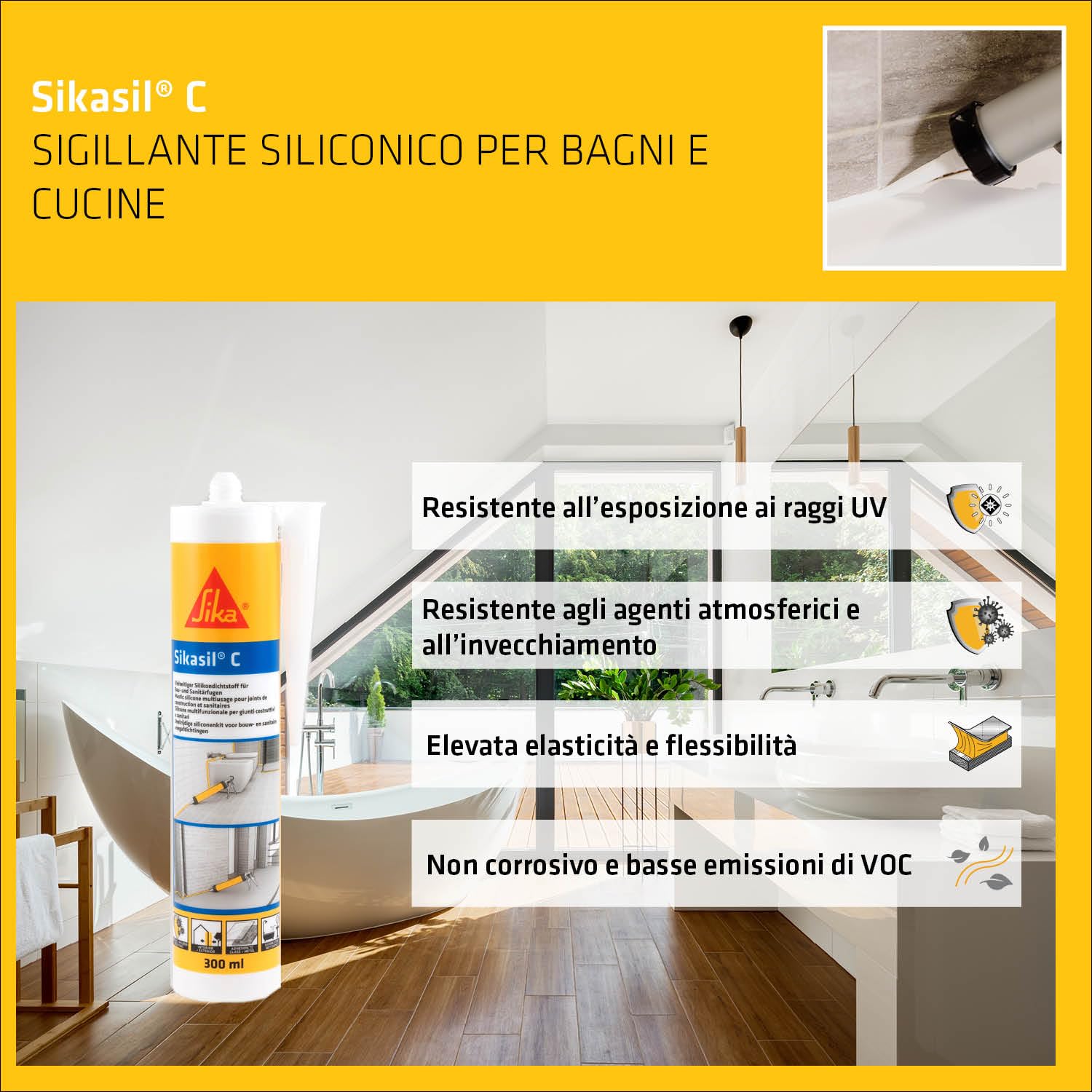 Sika - Sikasil C, Trasparente - Sigillante siliconico multiuso per applicazioni in bagni e cucine - Resistente a raggi UV, funghi e muffa - 300ml