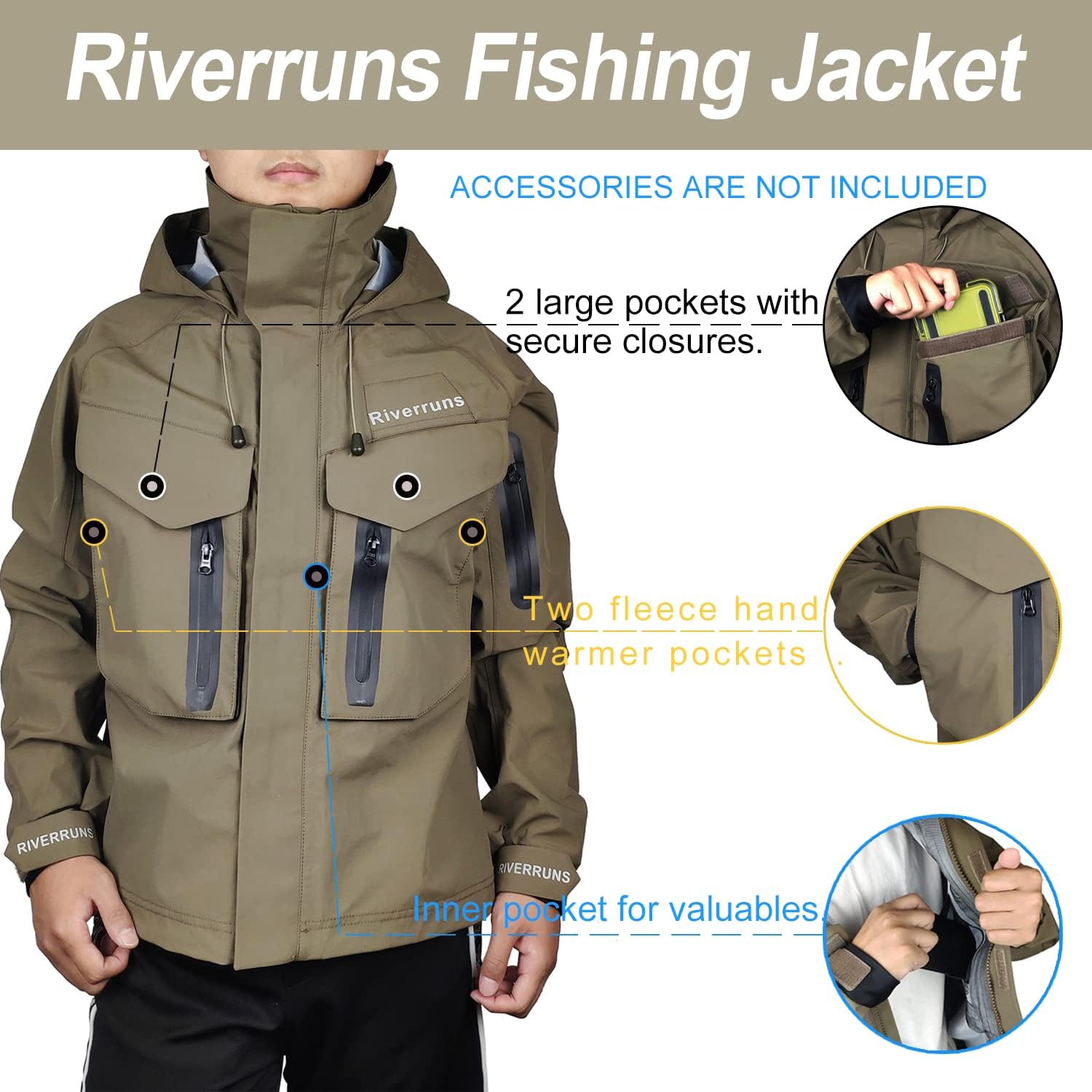 Photo 1 of Riverruns Fishing Wading Jacket, Breathable Outdoor Fly Fishing Rain Coat