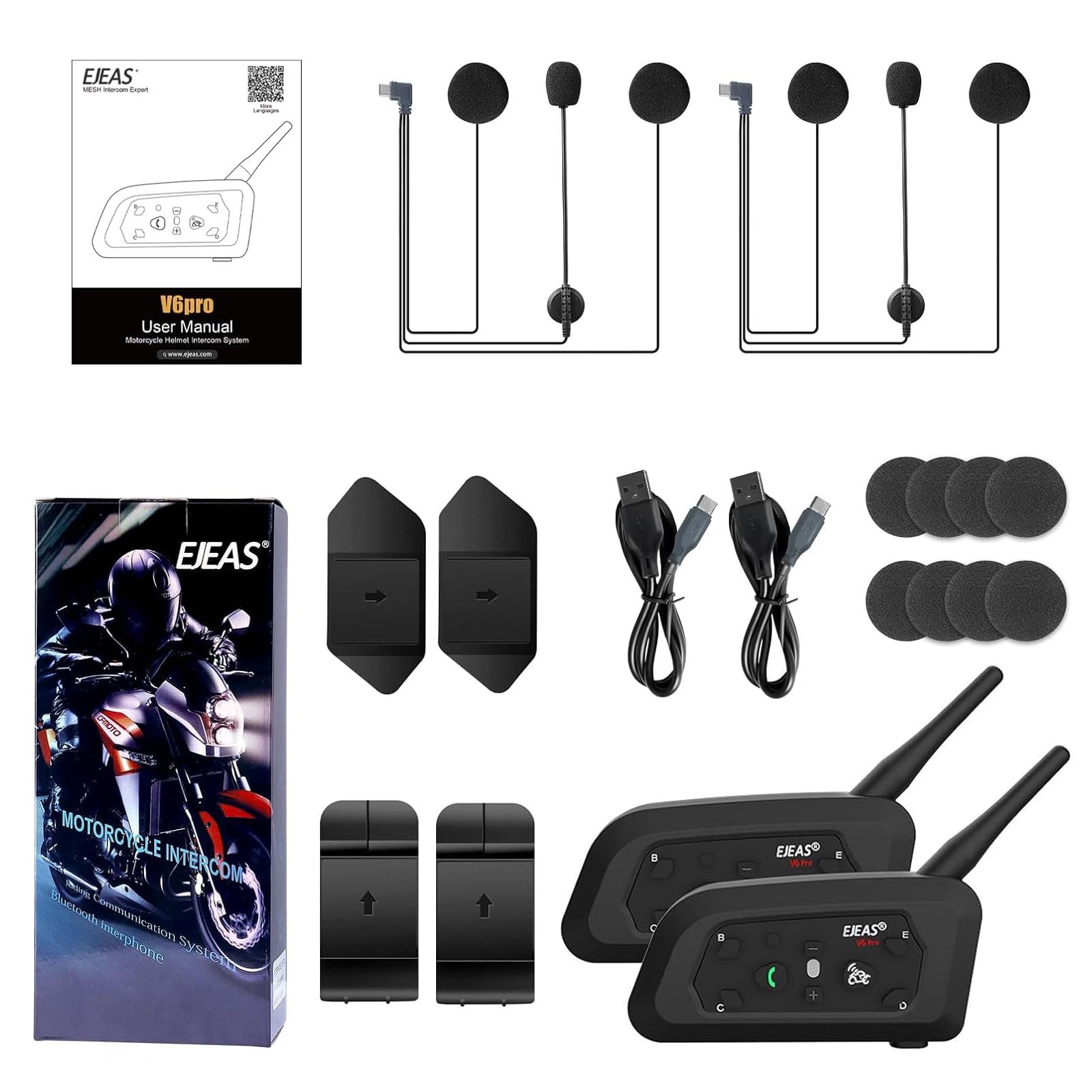 EJEAS V6 Pro Interfono Moto Bluetooth 1200M 2 Persone Wireless Full Duplex Connetti Fino a 6 Motociclisti (2 Confezione)