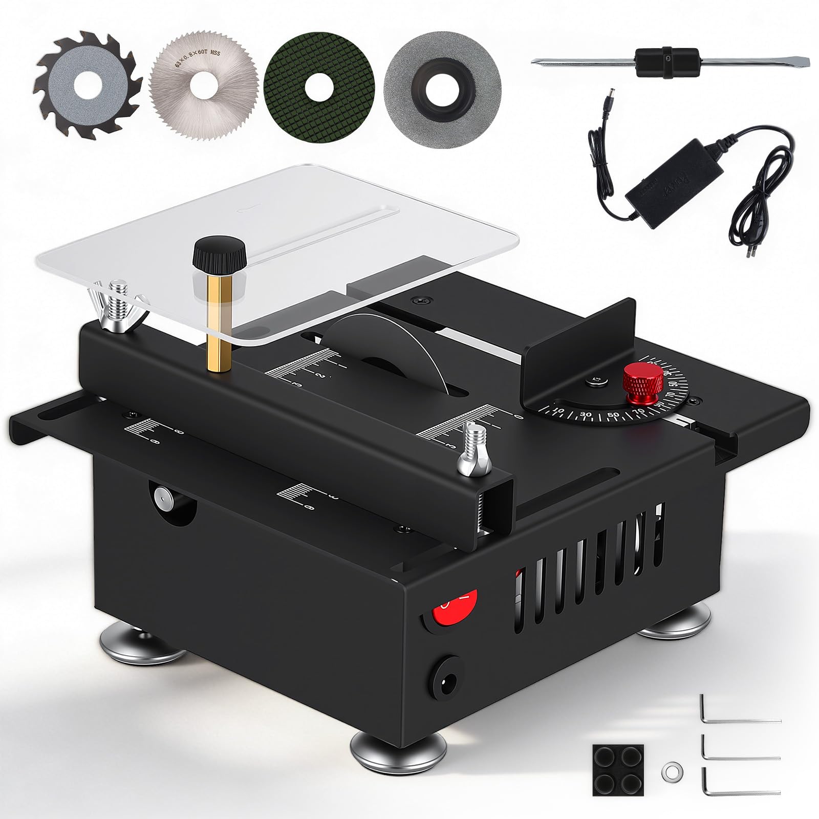Kleine Tischkreissäge mit 4 Sägeblättern, 100W Präzisions Table Saw Sägeblatt Sägeblattwinkel einstellbar 0-90°, Multifunktionale Tischsäge für DIY Holzbearbeitungsprojekte, 7 Geschwindigkeitsstufen