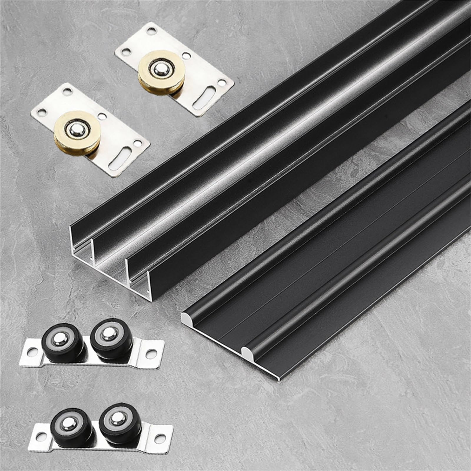 WLCGYD Sliding Door Hardware and Track Kit, Bypass Door Track with Floor Guide and Rollers for Remodel, Customized Cabinet Sliding Door Complete Kit, Easy to Install(Black,250cm/98.4in)