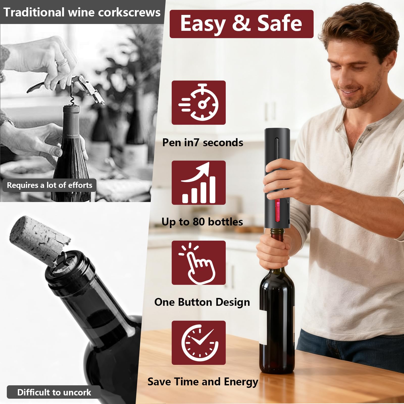 Sacacorchos eléctrico, Sacacorchos Eléctrico con Cortacapsulas Botella, Ideal para reuniones familiares y bares, Regalo hombre para amantes del vino (Abridor de botellas recargable - Negro)