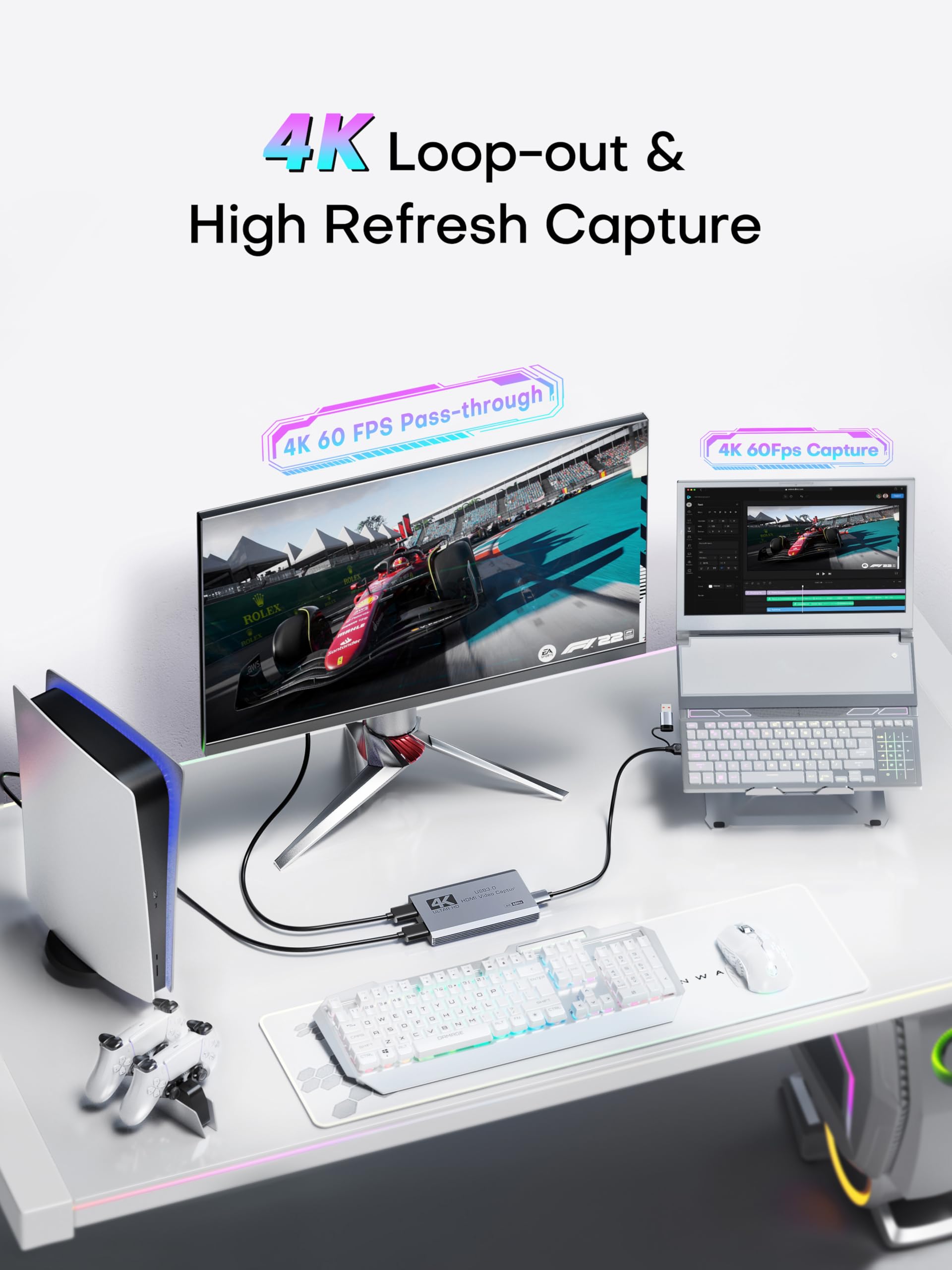 XIIXMASK Tarjeta de captura de video, tarjeta de captura USB 3.0 4K HDMI Loop-Out, 4K 60FPS/1080P 240FPS captura de videojuegos para PS5/cámara/PC/transmisión