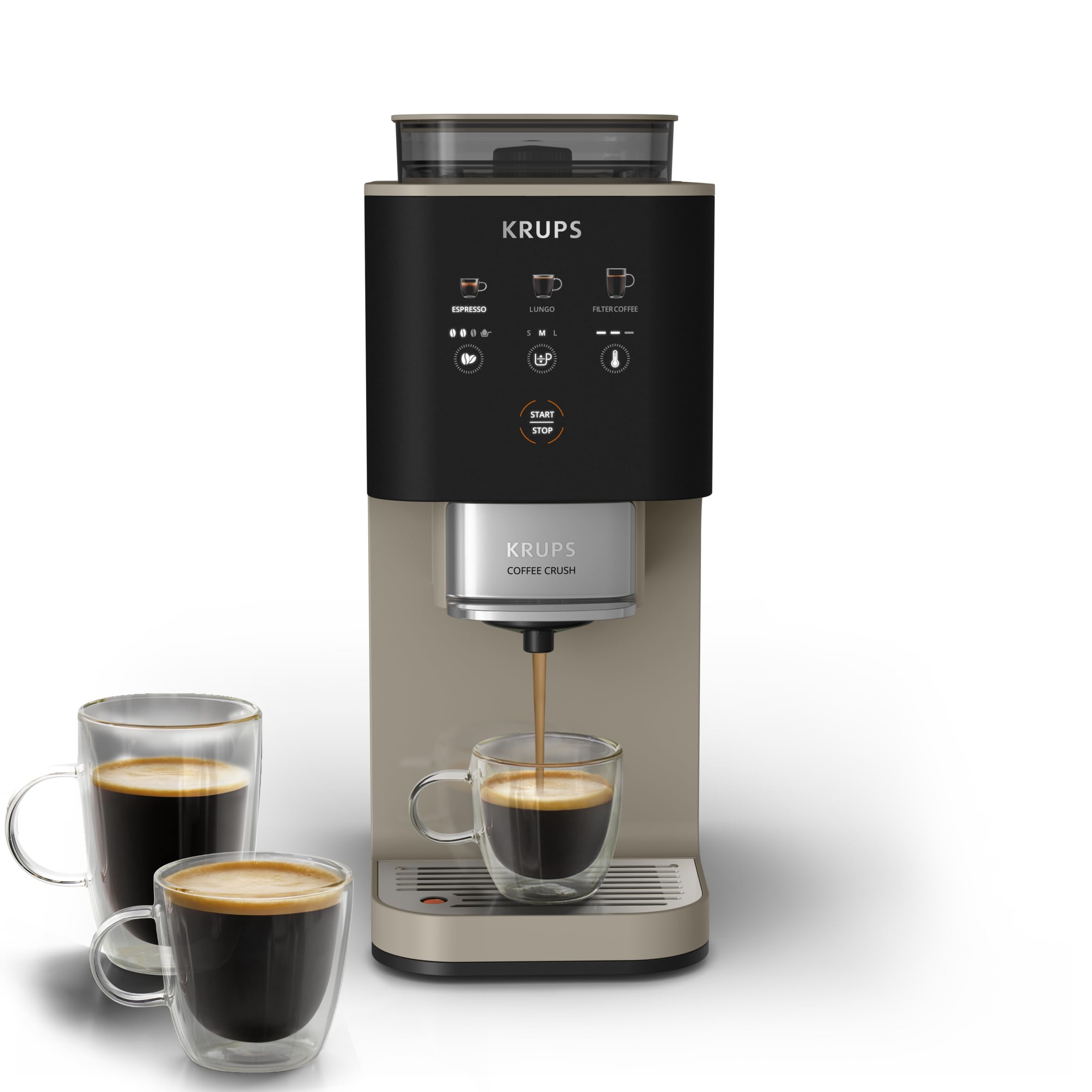 Krups Coffee Crush SA402AE0 Ekspres do kawy ciśnieniowy kolbowy z młynkiem, młynek ze stali nierdzewnej, tylko 15 cm szerokości, inteligentny panel sterowania, ciśnienie 15 barów