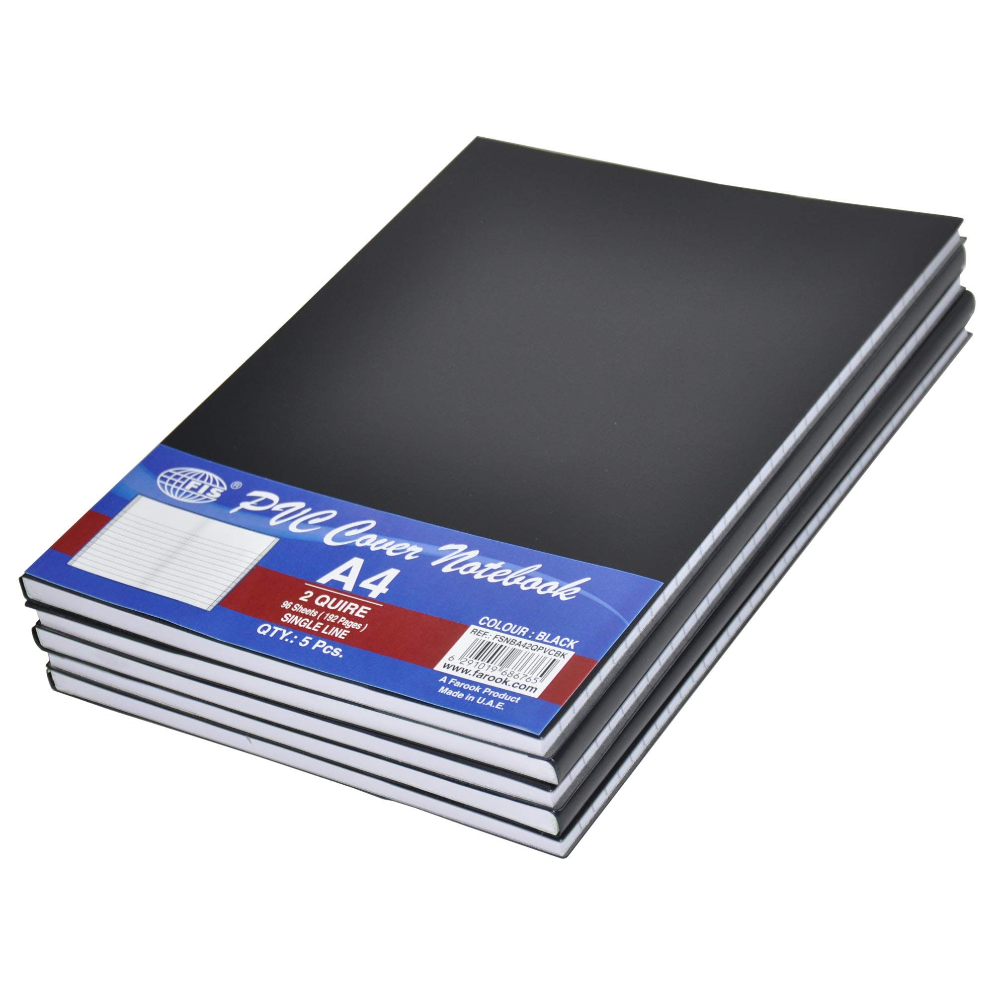 FIS PVC Cover Notebook, A4 Size(29.7x21cm), 96 sheets, Single Line Ruling, Color Black, Pack of 5 Pieces-FSNBA42QPVCBK