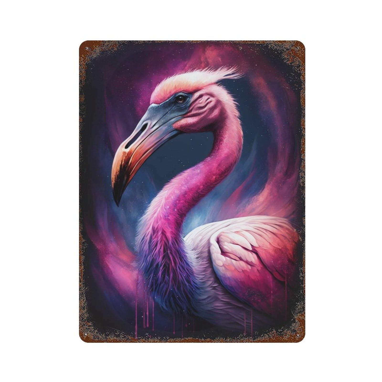 Rust Effect Cosmic Flamingo Art Print-6 Vintage Rust Metal Sign 15.7"x11.8", Old School Wall Decor for Cafe, Home Bar And Lounge Decor