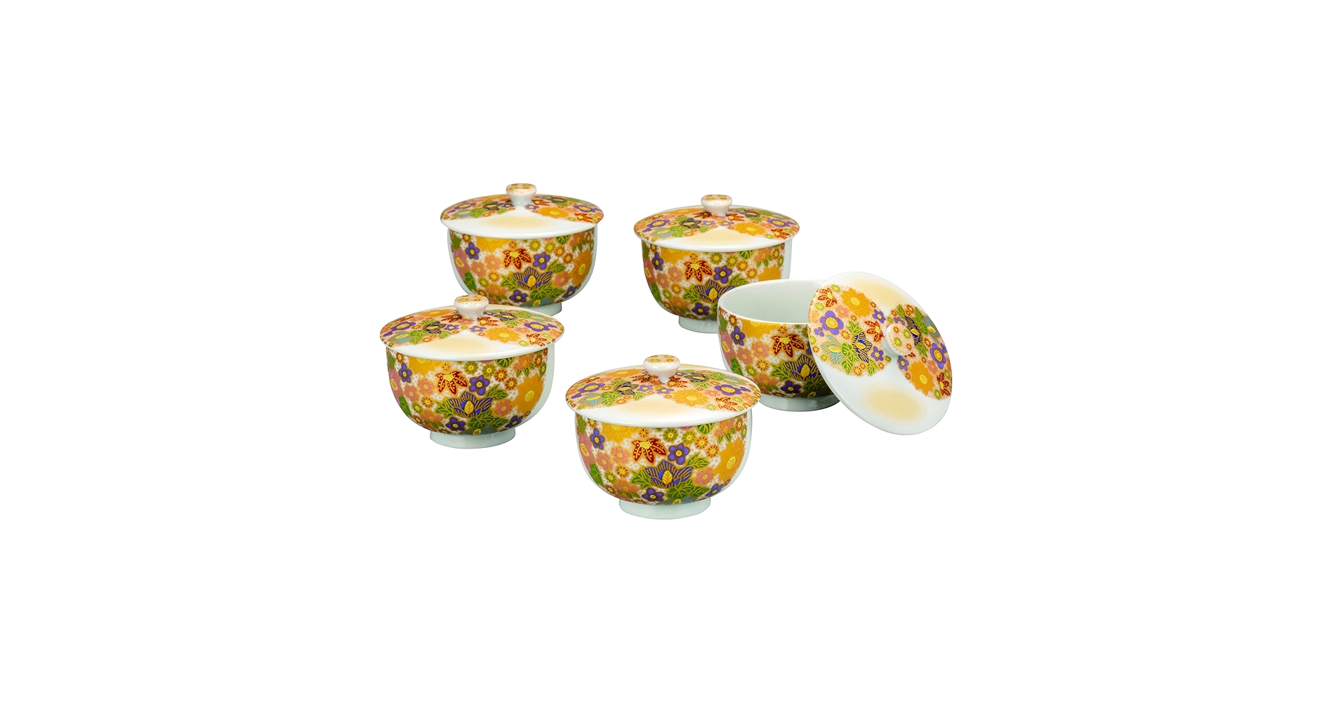 o0515-67 九谷焼 九谷美泉 番茶器揃 花詰 急須 蓋付湯呑5客 共箱 送料無料】 蓋付茶器揃 金花詰 急須1個・湯呑5客セット / 茶器