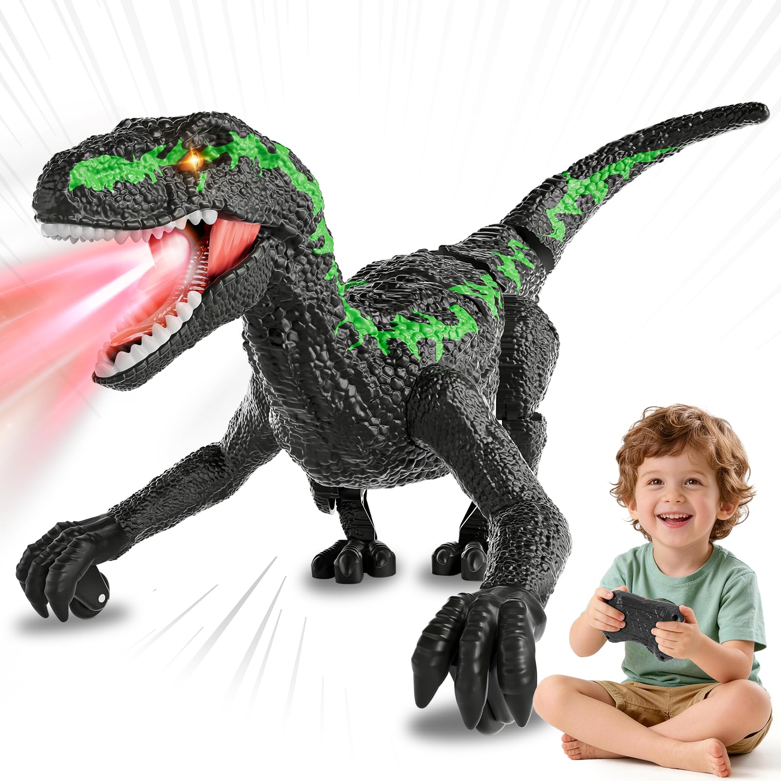 WOANZZ Remote Control Dinosaur Toy for Kids 3+, 2.4GHz Walking Rechargeable RC Dinosaur with 3D Eyes & 3 Sounds, Interactive Prehistoric Animal Toys for Boys and Girls Ages 3+ (Green)