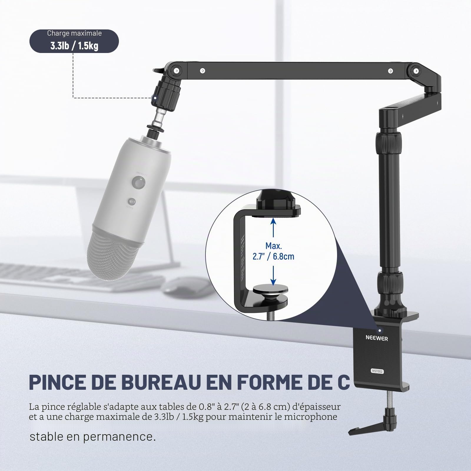 NEEWER MST002 Support de bureau à profil bas avec amortissement, bras articulés pivotants à 360 ° avec poteau de hauteur et canaux de gestion des câbles pour microphone, baladodiffusion