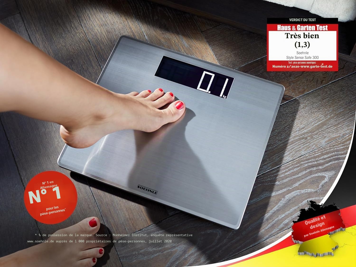 Soehnle Style Sense Safe 300, balance électronique avec large écran LCD, Balance pèse personne supporte jusqu'à 180 kg, pèse personne métal inoxydable