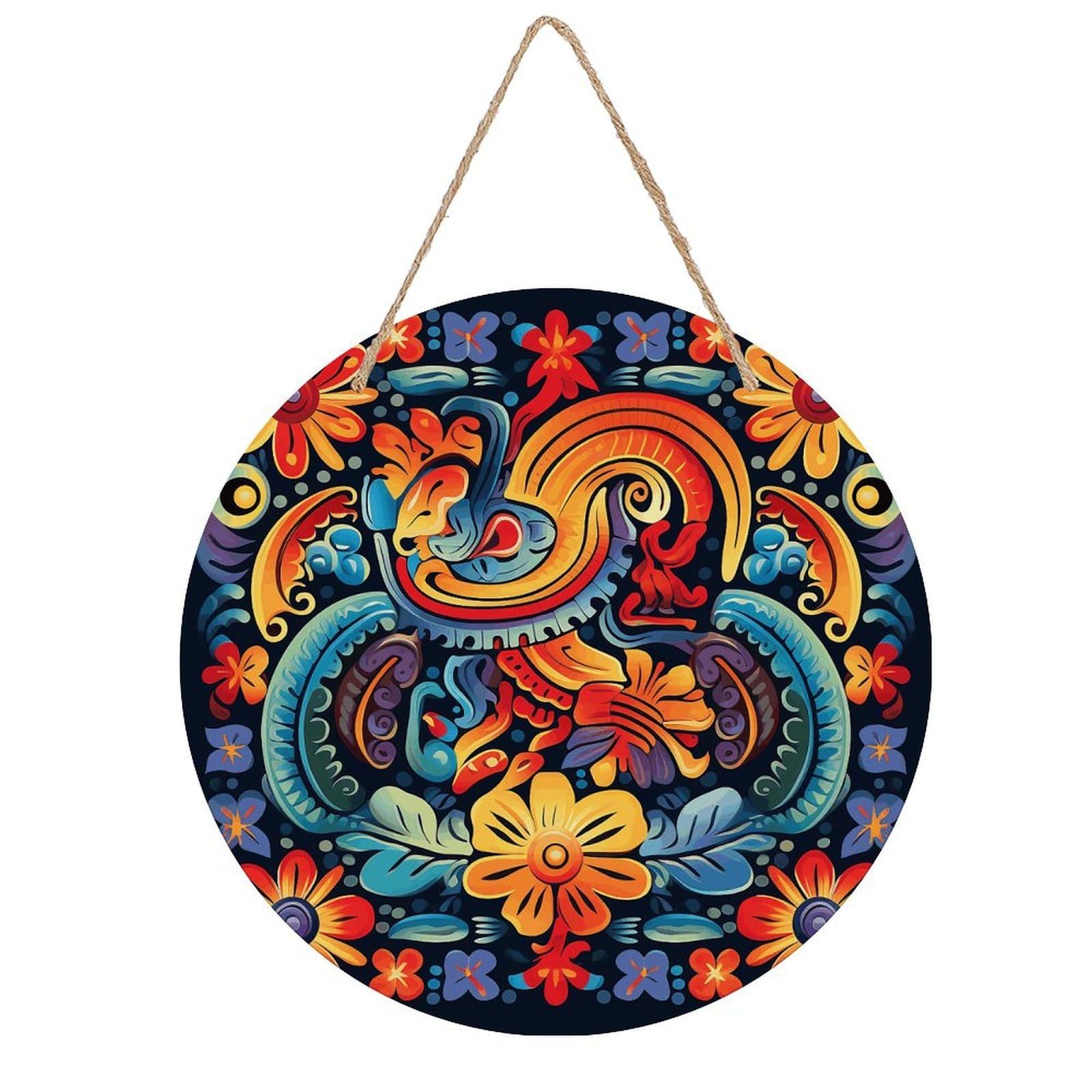 Mexican Round Wooden Ornaments Unique Wood Decorative Paintings for Christmas Retro-Style Wooden Door Hanger for Crafts Home Holiday Decor Bar 7.87 Inch