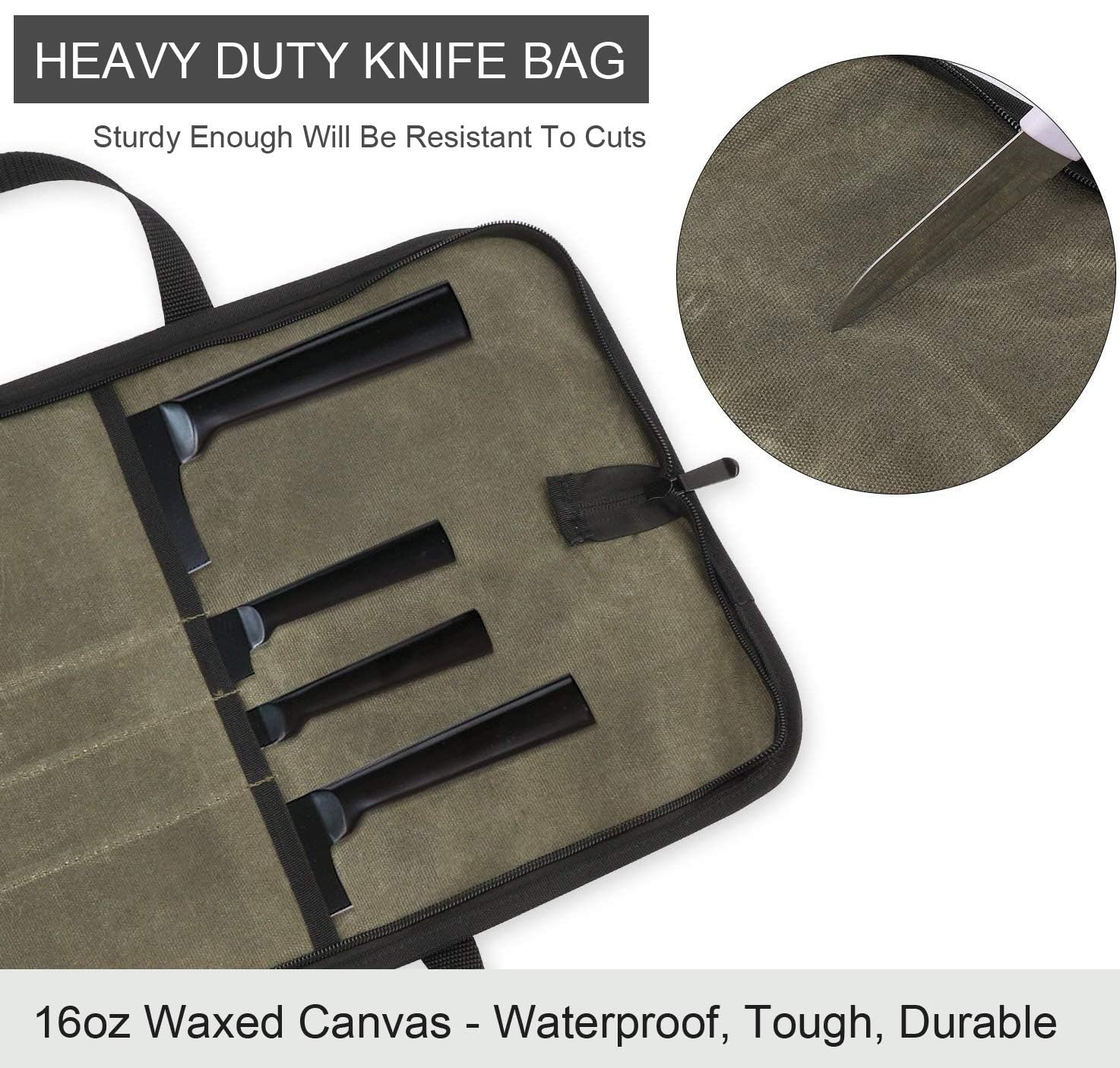 Ruibo Bolsa de rollo para cuchillos de chef de lona encerada con asas duraderas, estuche para rollo de cuchillos portátil para trabajar, 4 ranuras