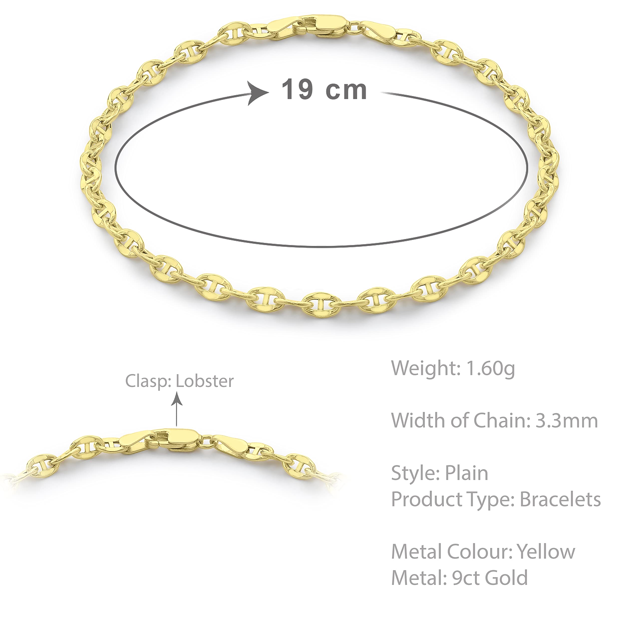 Carissima Pulsera de Cadena Marinera de Oro Amarillo de 9 quilates para mujer de longitud 19 cm/7,5 pulgadas