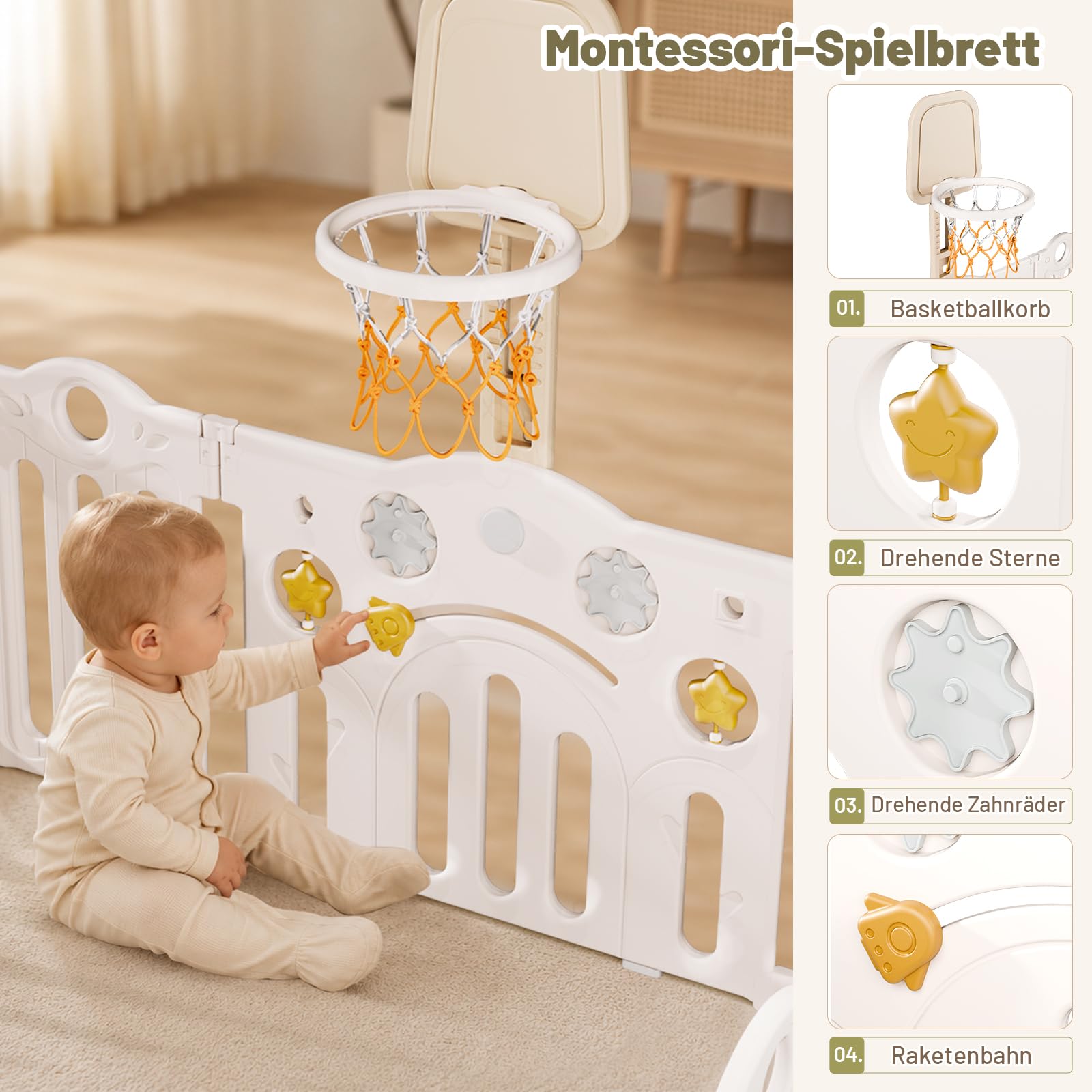 Laufstall Baby Faltbar 150x150, Groß Laufgitter Baby mit Mini-Basketballkorb, XXL Tragbar Playpen mit Tür für Babys&Kleinkinder, Montessori Spielboard&Babyzaun Kunststoff für Innen&Außen