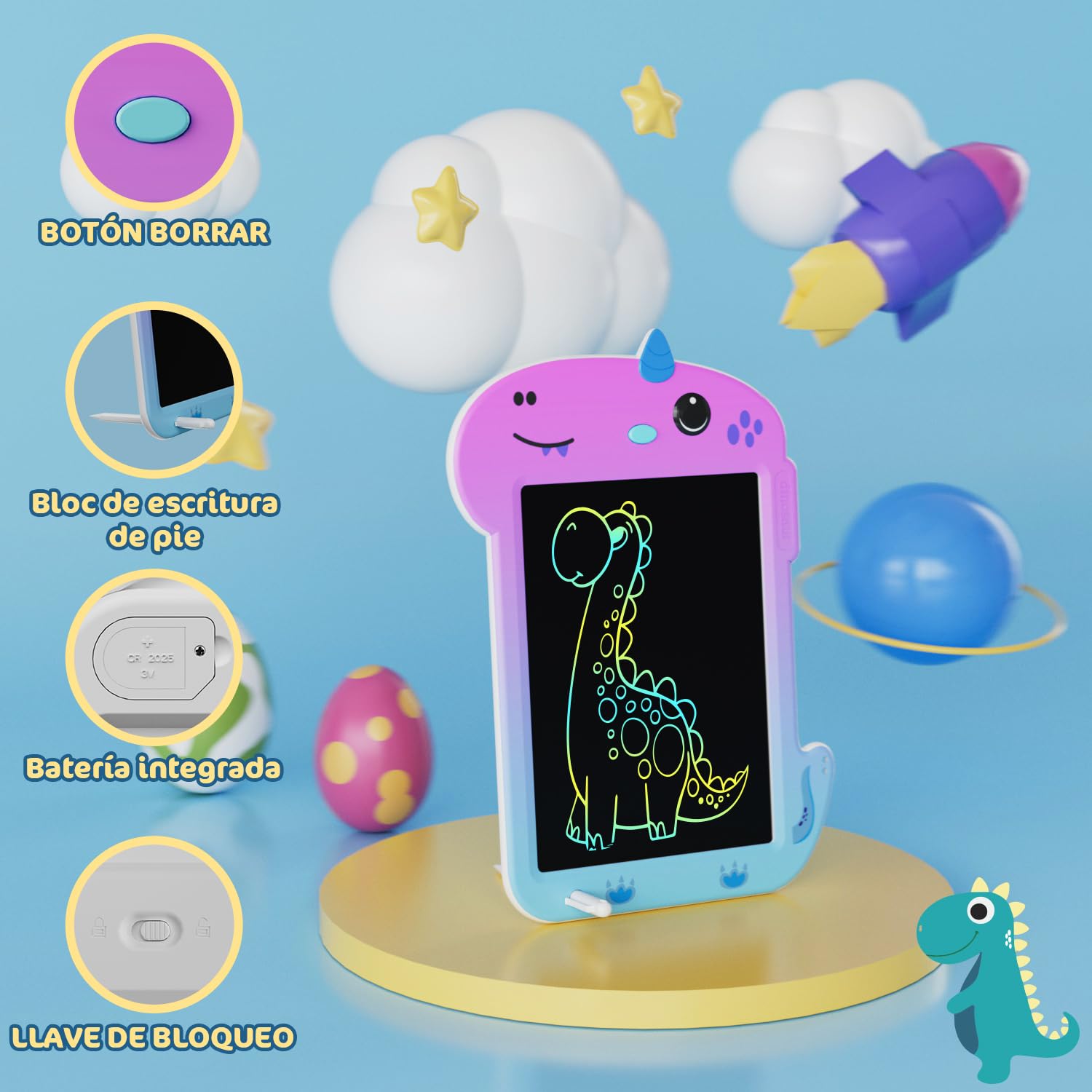 Tablet de Escritura LCD, Electight Tablet Escritura Pantalla Colorido, Juguetes Educativo con Borrable y Bloqueo Función, para Niñas y Niños de 3 4 5 6 7 Años, Morado Degradado - 4