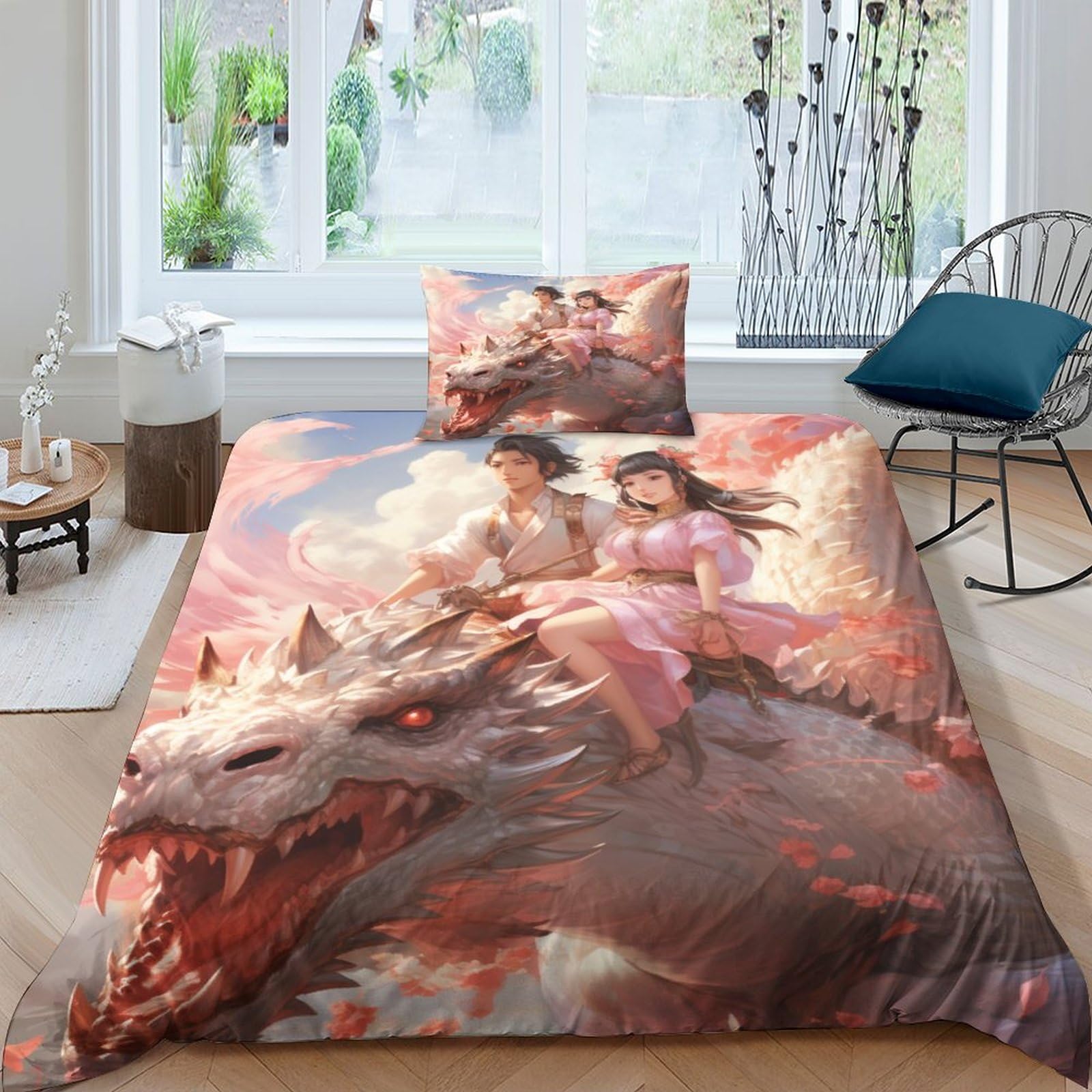Housse de couette rose 3D en microfibre 135x200cm pour lit une place