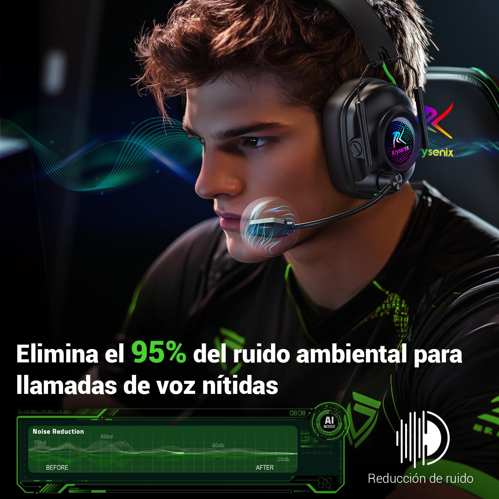 Krysenix KGH2 - Auriculares inalámbricos para videojuegos PS5, PS4, PC, Mac, Switch, 2,4 GHz, con micrófono, cancelación de ruido, auriculares inalámbricos con luces LED, duración de batería de 40 H