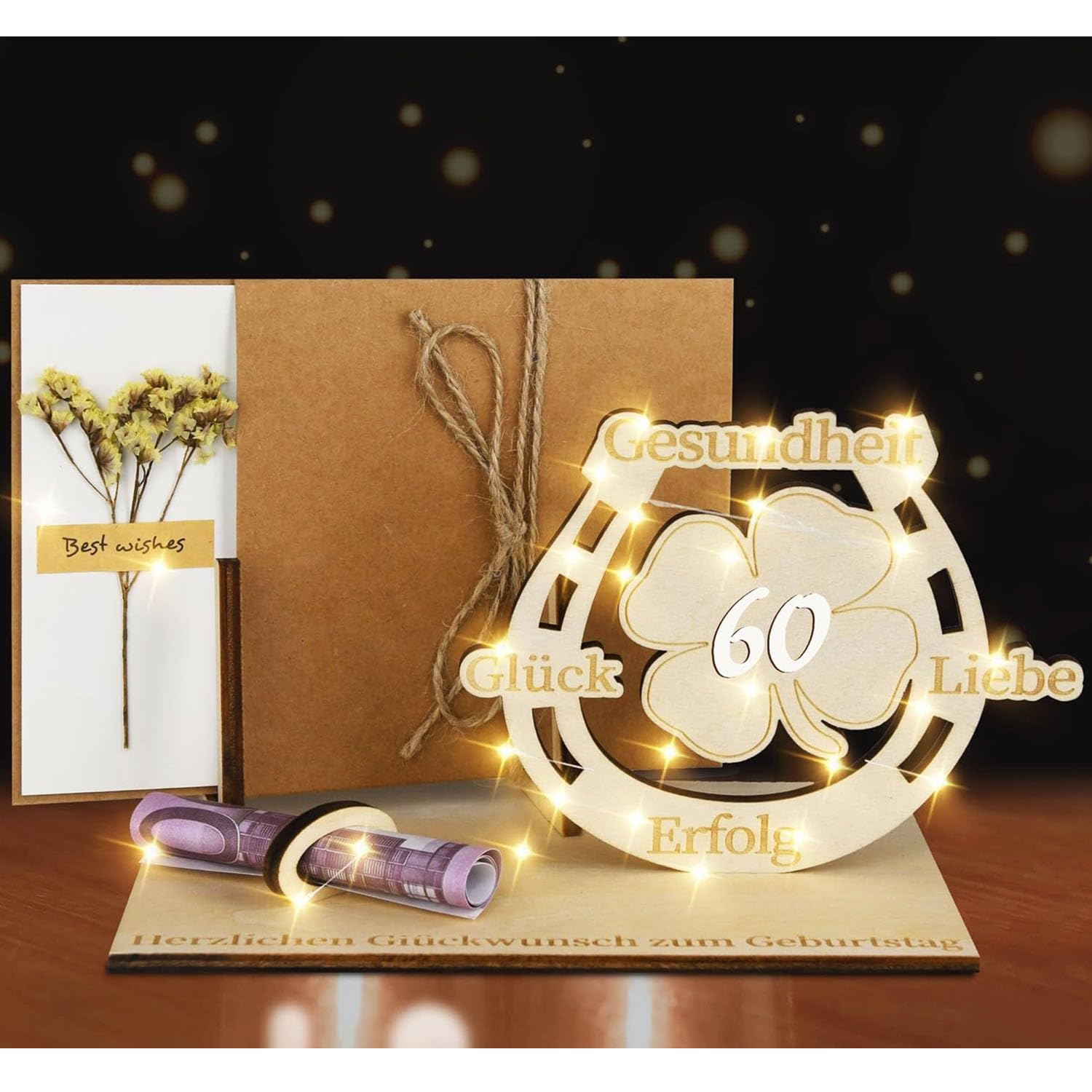 kiimiipa 60 Geburtstag Frau Mann,60 Geldgeschenke Geburtstag für Frau Mann,LED Kleeblatt Glück 60.Geburtstag Geschenke,Geschenke zum 60 Geburtstag,60 Geburtstag deko Holz Gästebuch (60)