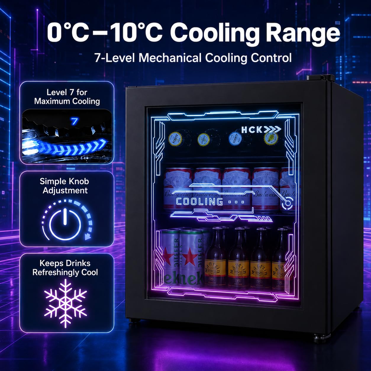 HCK Mini Kühlschrank 48L, Getränkekühlschrank mit Glastür und LED Beleuchtung, Cyberpunk Design, leise 39dB, 0-10℃ Bierkühlschrank für Gaming Room, Party, Bar, Schwarz