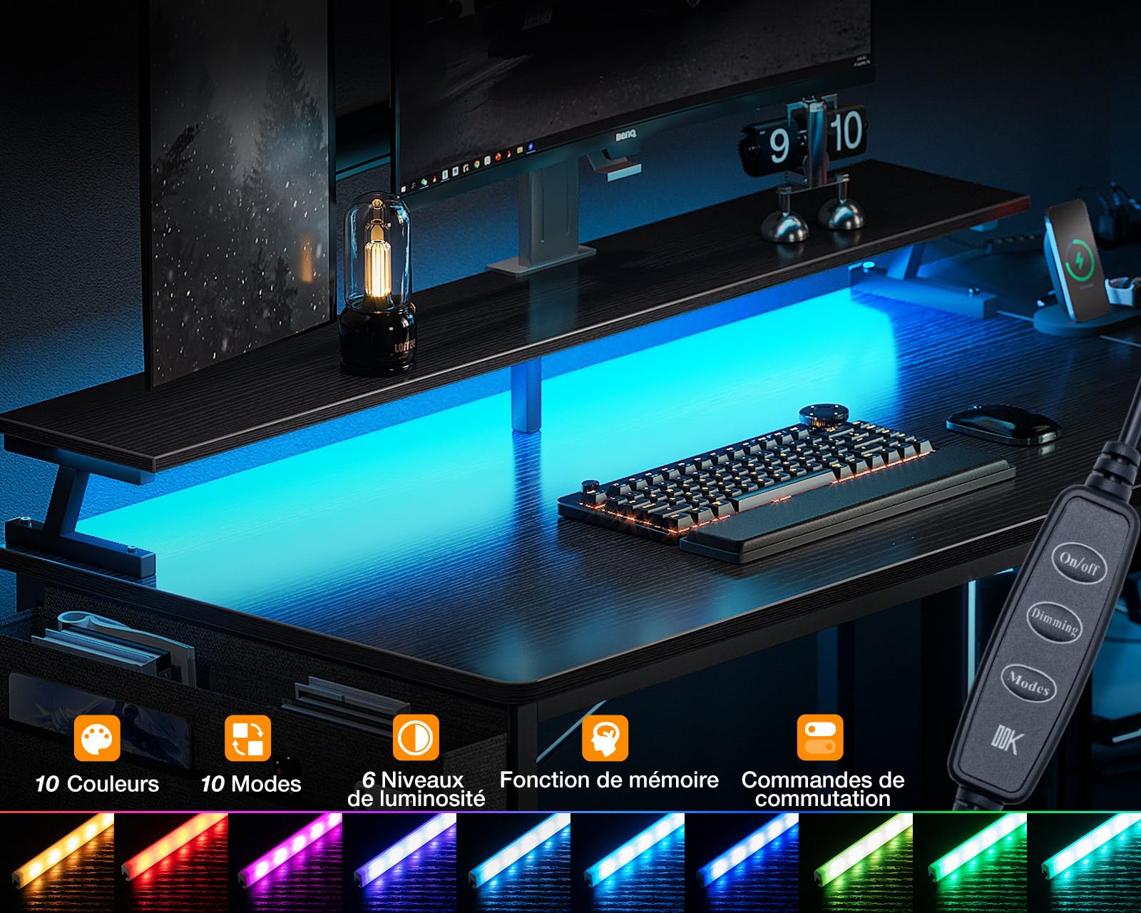 ODK Scrivania Gaming Angolare, Scrivania Angolare Reversibile con 4 Cassetti, Tavolo a Forma di L con LED e 2 Porte di Ricarica USB e 2 Prese di Corrente per Casa Ufficio (Nero, 160x80x84.7cm)
