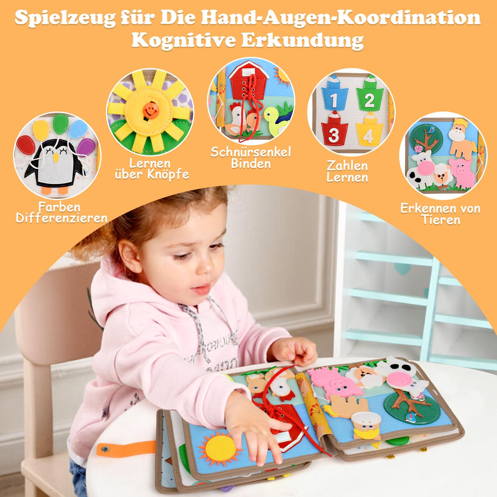 Montessori Busy Board Deutsch ab 1 Jahr, Activity Board Montessori Spielzeug ab 2 3 Jahr, Busy Book für Jungen und Mädchen Lernspielzeug