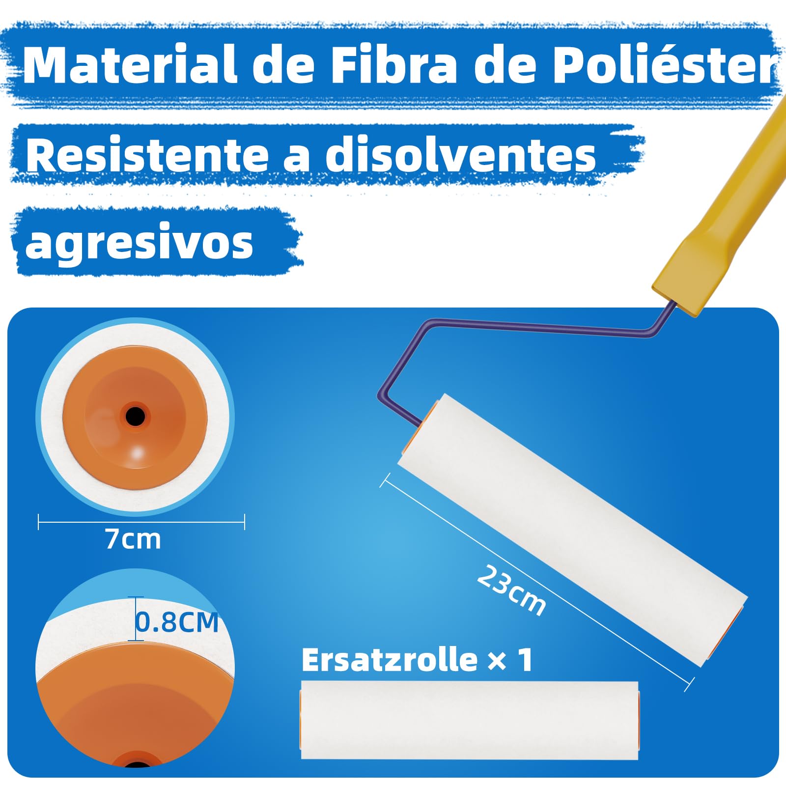 VKE Rodillo de Púas Autonivelante 23 cm - Espinas 14 mm, Autonivelante, 2 Rodillo Pintura 23 cm, Palo Telescopico 1,5 m, Zapatos Aireador para Cesped 30 mm, Herramientas para Autonivelante - 1 Asa