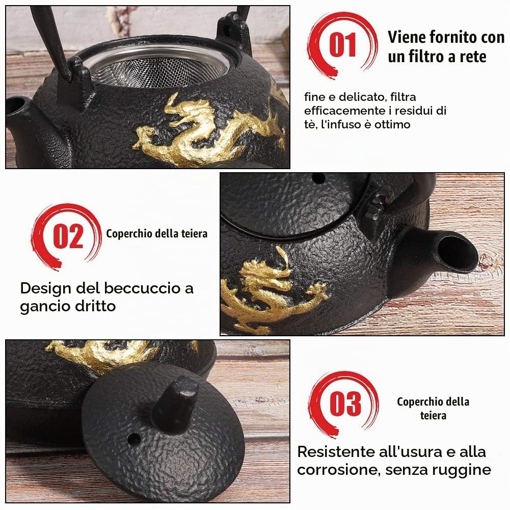 Bollitore per tè in ghisa, teiera giapponese Tetsubin Teiera in ghisa Bollitore per tè in ghisa Piano cottura Ornamenti con motivo a drago d'oro per tè domestico 0,3 L