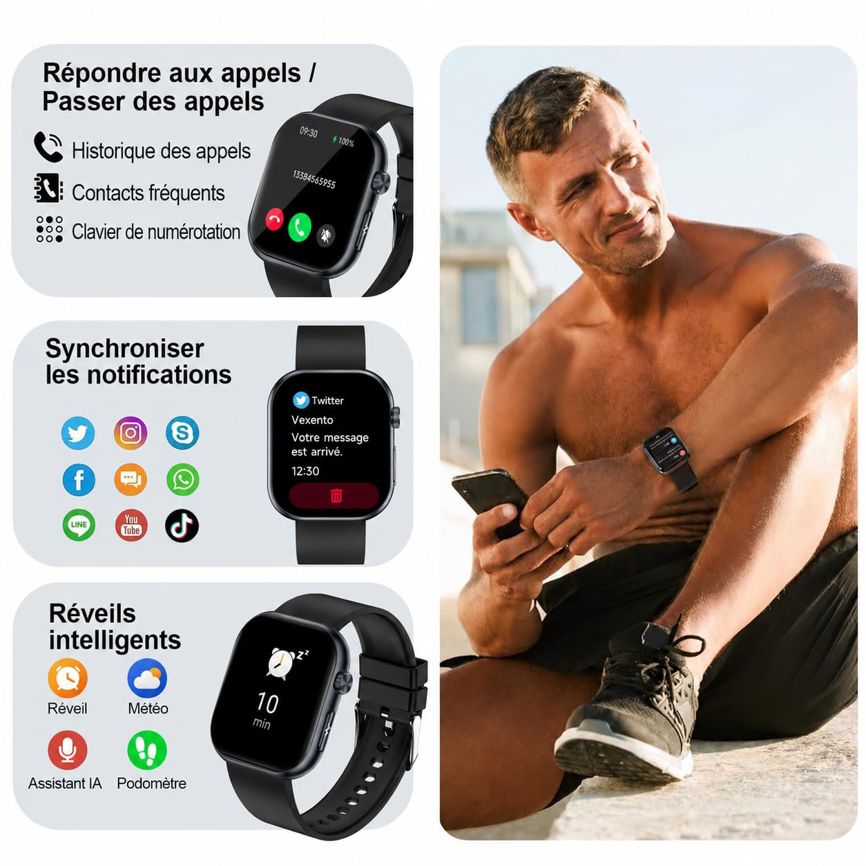 Montre connectée pour homme et femme avec ECG/HRV/IMC, montre de santé AMOLED de 1,95" avec fonction téléphone, appel d'urgence, étanche IP68, compatible Android et iOS, noir