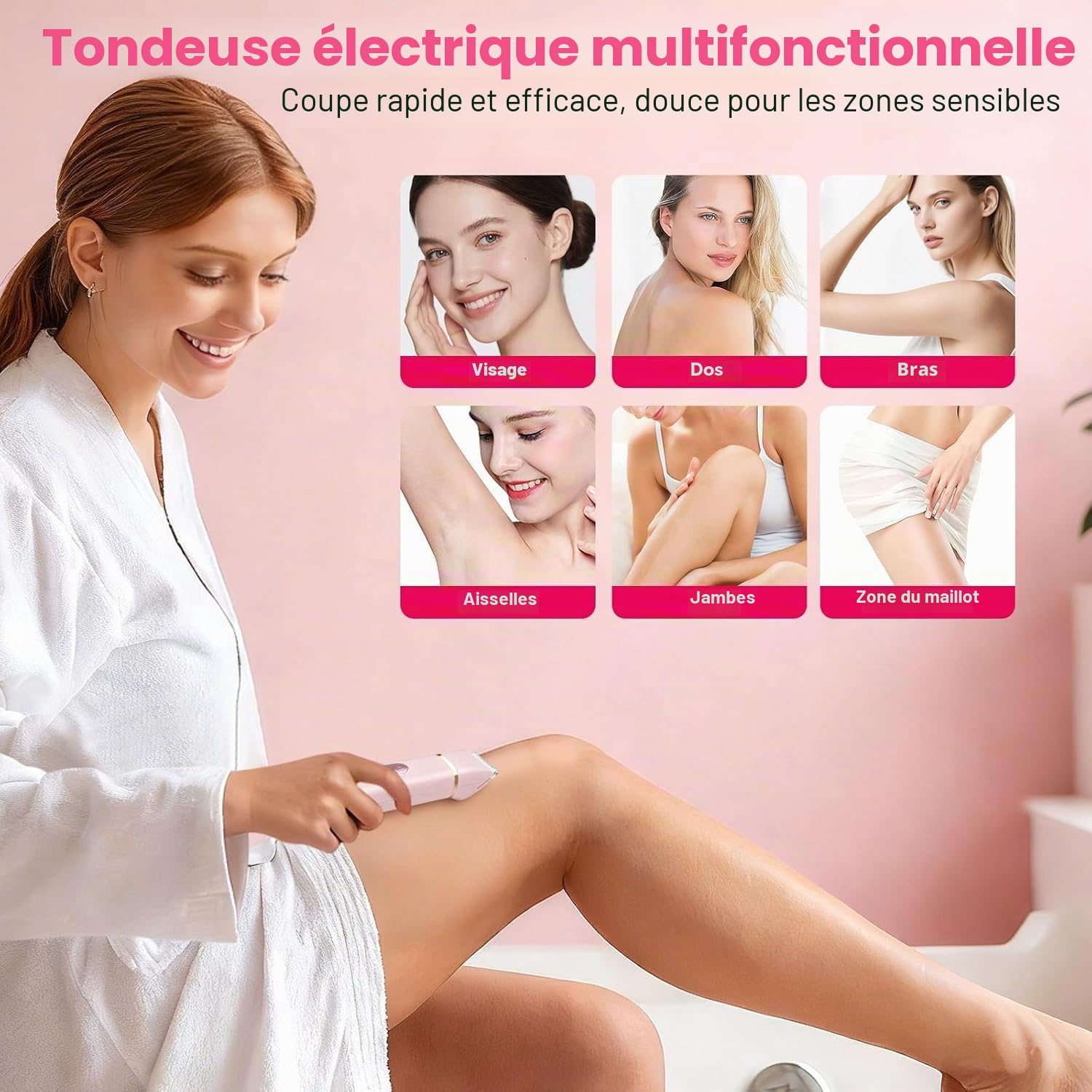 Rasoir Electrique Femme 5 en 1 Tondeuse Bikini Étanche IPX7 Rasoir Intime Femme 5 Têtes Interchangeables pour Visage, Bras, Jambes, Aisselles avec Base de Charge USB