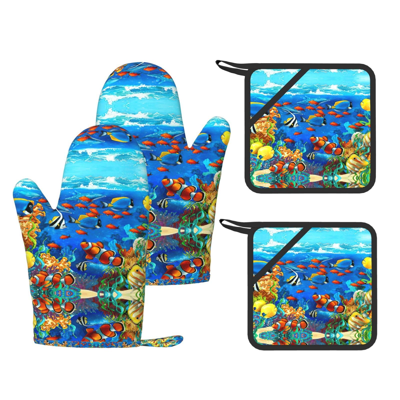 Ocean Tropical Fish Coral Undersea World Printed Cooking Mitts and Pot Holders 4 Pcs, Heat Resistant Oven Gloves with Hanging Loop Chef
