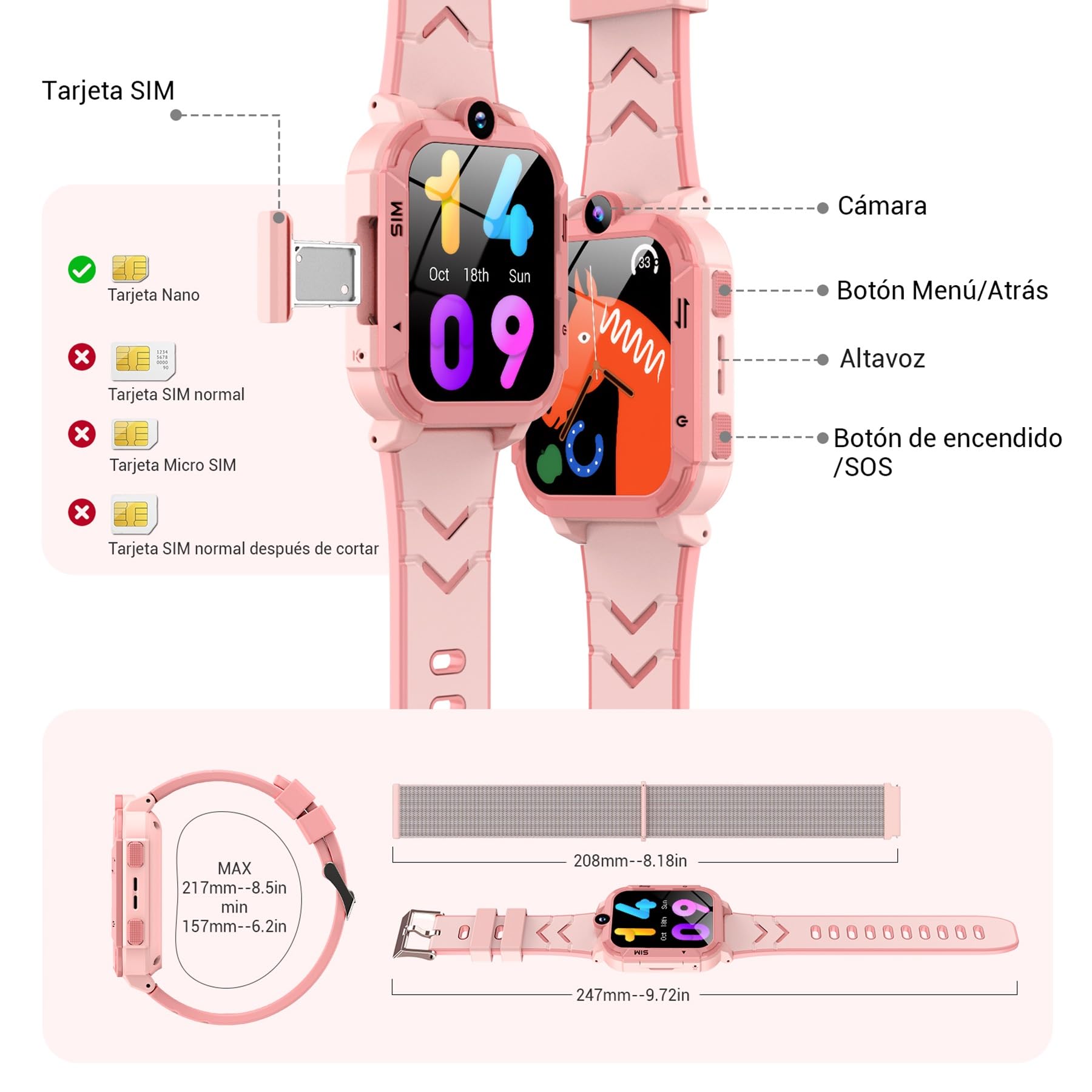 Blackview Reloj Inteligente Niño 4G, Videollamadas, Chat de Voz, 1.83” Smartwatch Niños con GPS Posición, SOS Llamar, Modo Escuela, Despertador, Podómetro, Calculadora, Batería Grande de 800 mAh, Rosa