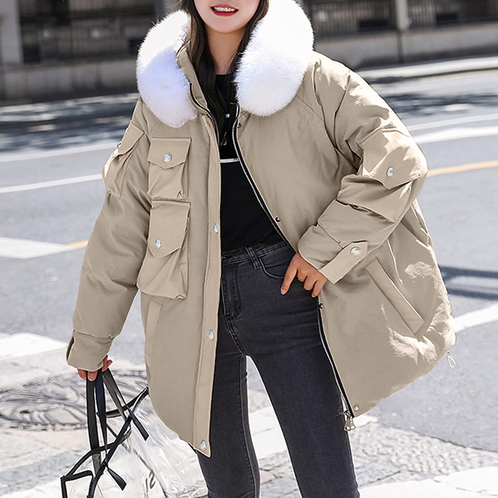 Chaqueta de invierno para mujer con capucha de piel sintética, abrigo de invierno cálido, cortavientos, chaqueta con capucha, chaqueta acolchada para exteriores, chaqueta funcional holgada, talla