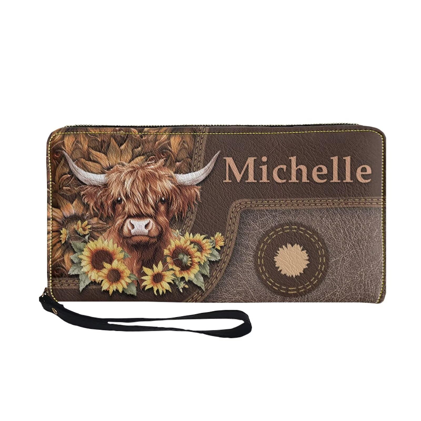 Tuoxiukan Personalized Name Wallets for Women PU Leather Highland Cow Wristlet Wallets with Zipper Mens Slim Minimalist Wallet Phone Case Cash