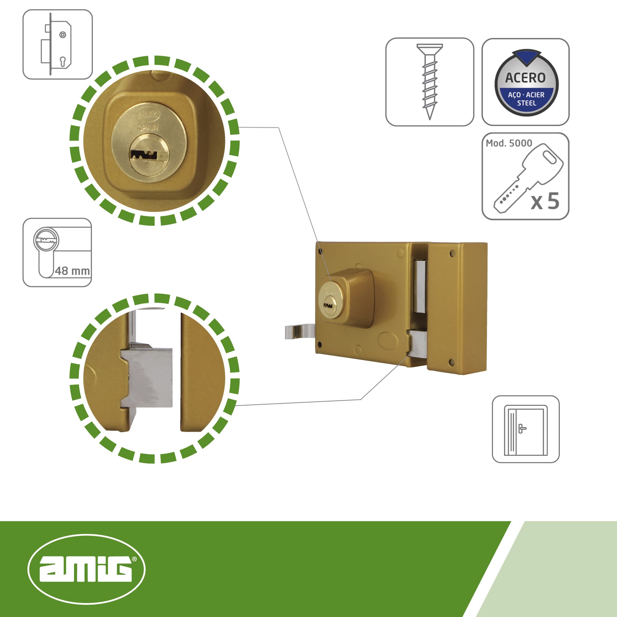 Amig - Verrou de suralimentation droite avec levier de fermeture, languette et poignée pour porte en bois Mod. 73 | 100 x 85 mm | Loquet avec cylindre Europrofilé | Acier doré