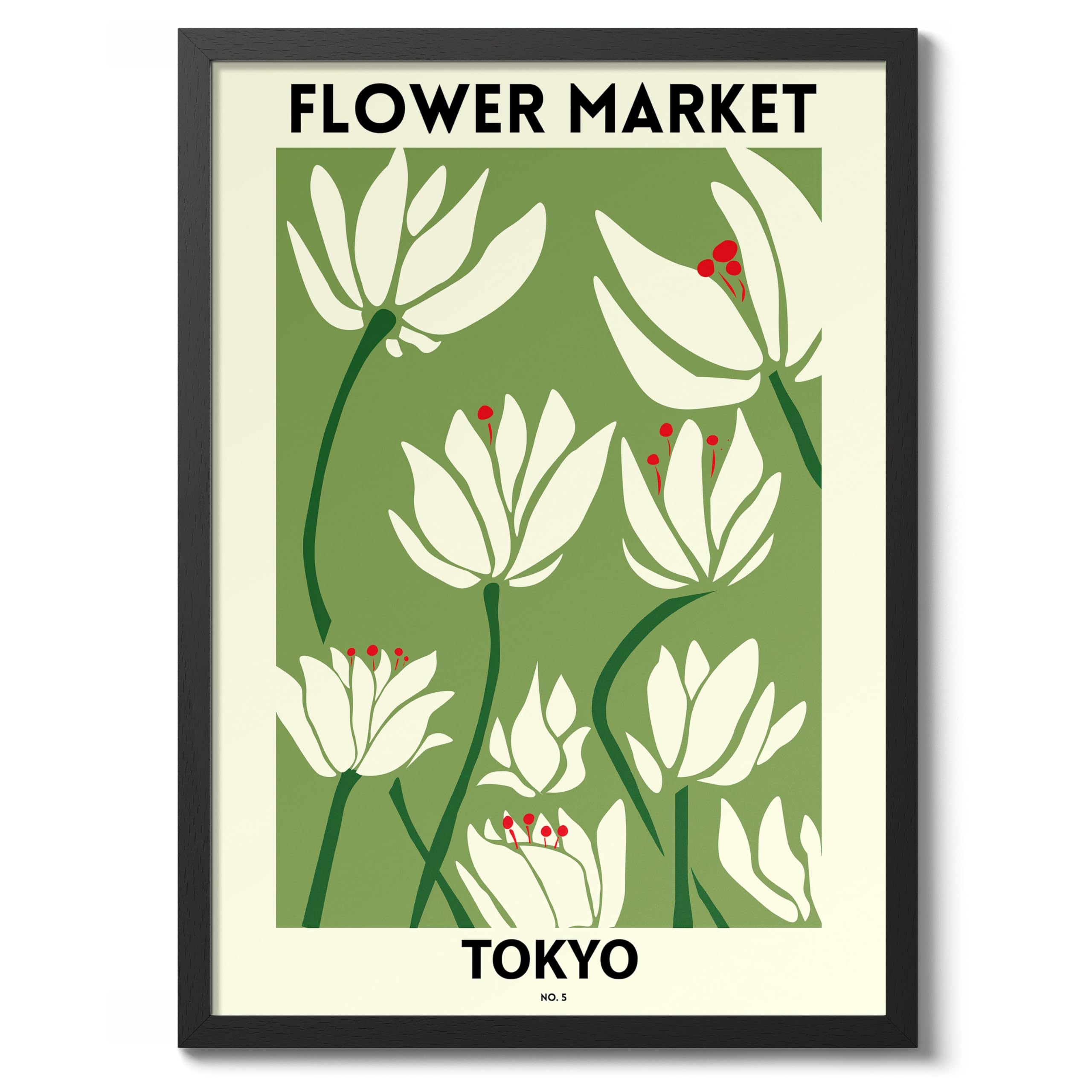 Tokyo Flower Market Poster Floral Wall Decor Print Abstract Colourful Minimalist Travel Bedroom Art, Archival Matte, A2 (Black Frame) - 59.4x42cm