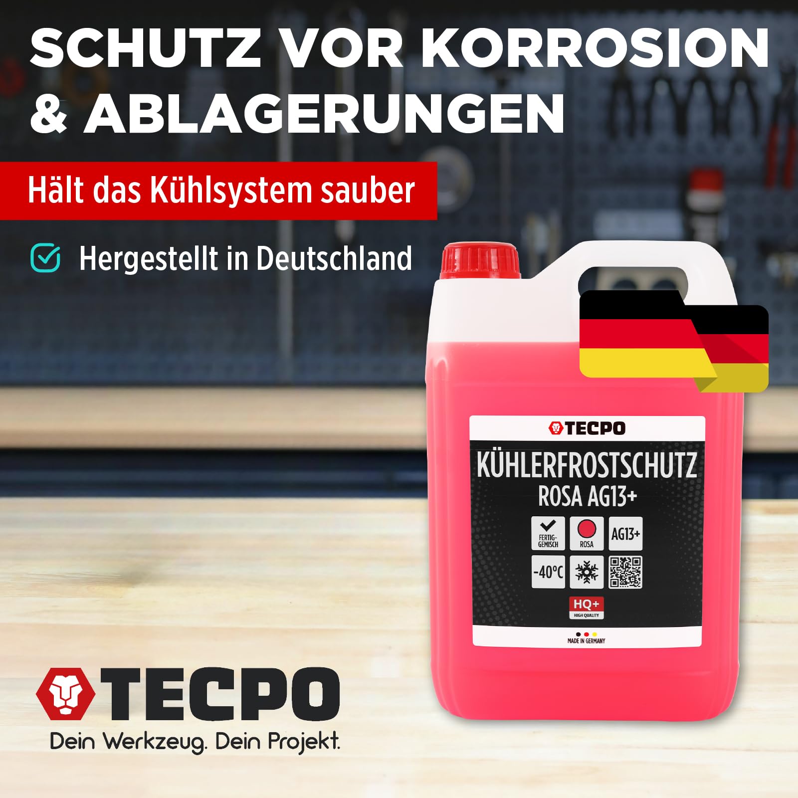 TECPO Kühlerfrostschutz Antifreeze AG13+, 5 Liter mit Kühlsystem Abdrückgerät Kühlmittel rosa rot -40 C° Auto Kühlflüssigkeit Gebrauchsfertig LOBRID-Technologie | bis zu 5 Jahre Lebensdauer |