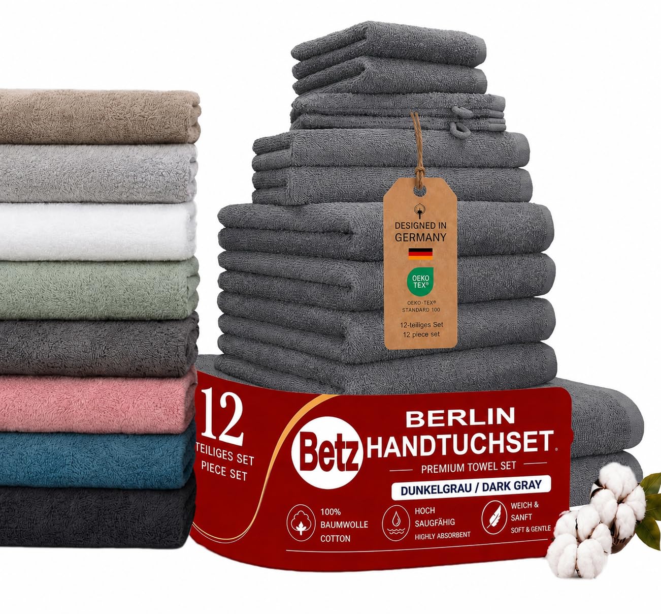 Betz Lot de 12 pièces Berlin 100% Coton 2 Draps de Bain 4 Serviettes de Toilette 2 d'invité 2 lavettes 2 Gants de Toilette Couleur Gris foncé - Berlin